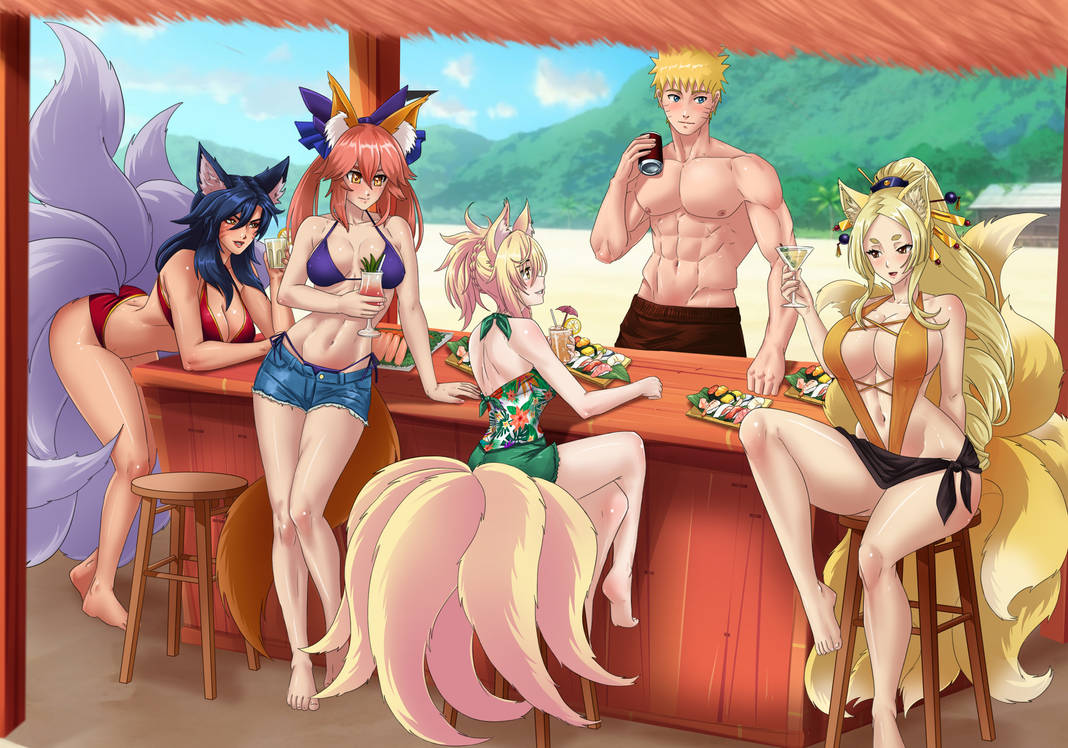 1boy 4girls ahri ahri_(league_of_legends) amenoosa blonde_hair fate_(series) fox_ears fox_girl fox_tail high_school_dxd kunou_(high_school_dxd) league_of_legends naruto naruto_(series) naruto_uzumaki orange_hair tamamo_no_mae_(fate) yasaka_(high_school_dxd)