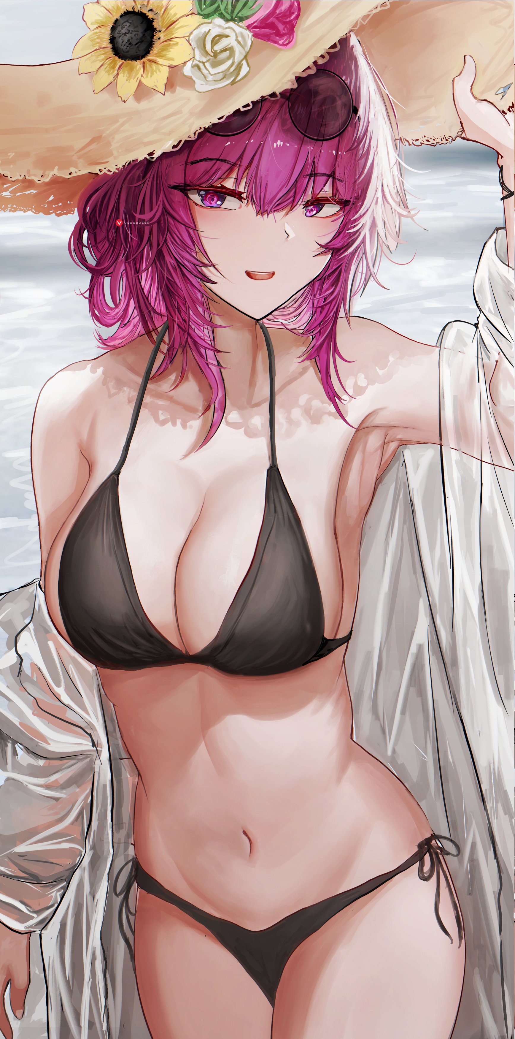 beach, belly button, big breasts, bikini, breasts, female, hat, honkai: star rail, hoyoverse, kafka (honkai: star rail), long hair, looking at viewer, older female, open clothes, purple hair, seaside, slim waist, sunglasses, sunglasses on head, vloodozer, wide hips