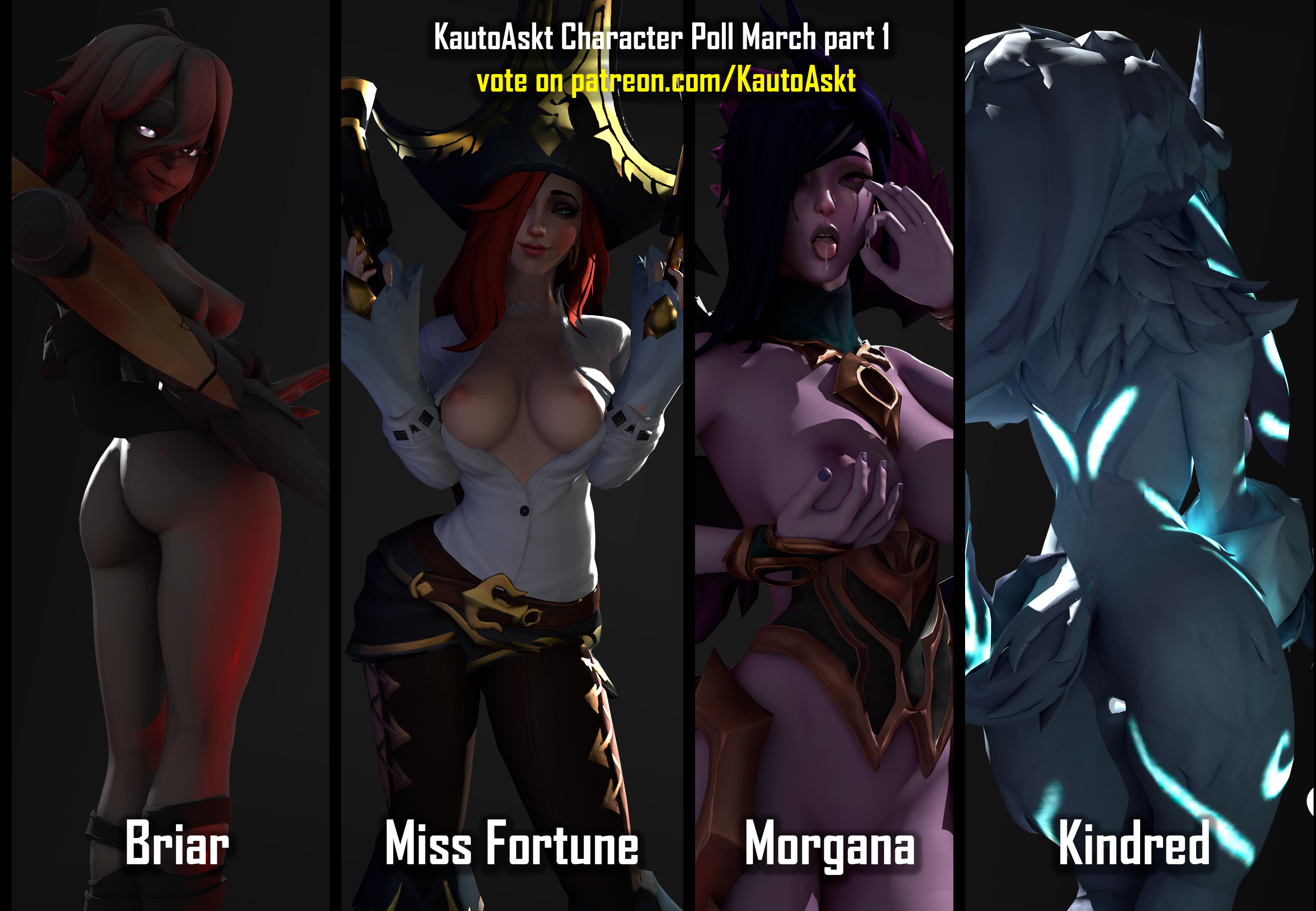 3d, 4girls, angel, ass, ass focus, big ass, big breasts, breasts, briar (league of legends), feet, female, female focus, female only, furry, goth, goth girl, huge breasts, kautoaskt, kindred, lamb (league of legends), league of legends, makeup running, miss fortune, morgana, naked, nipples, orange hair, purple hair, red hair, sarah fortune, white hair