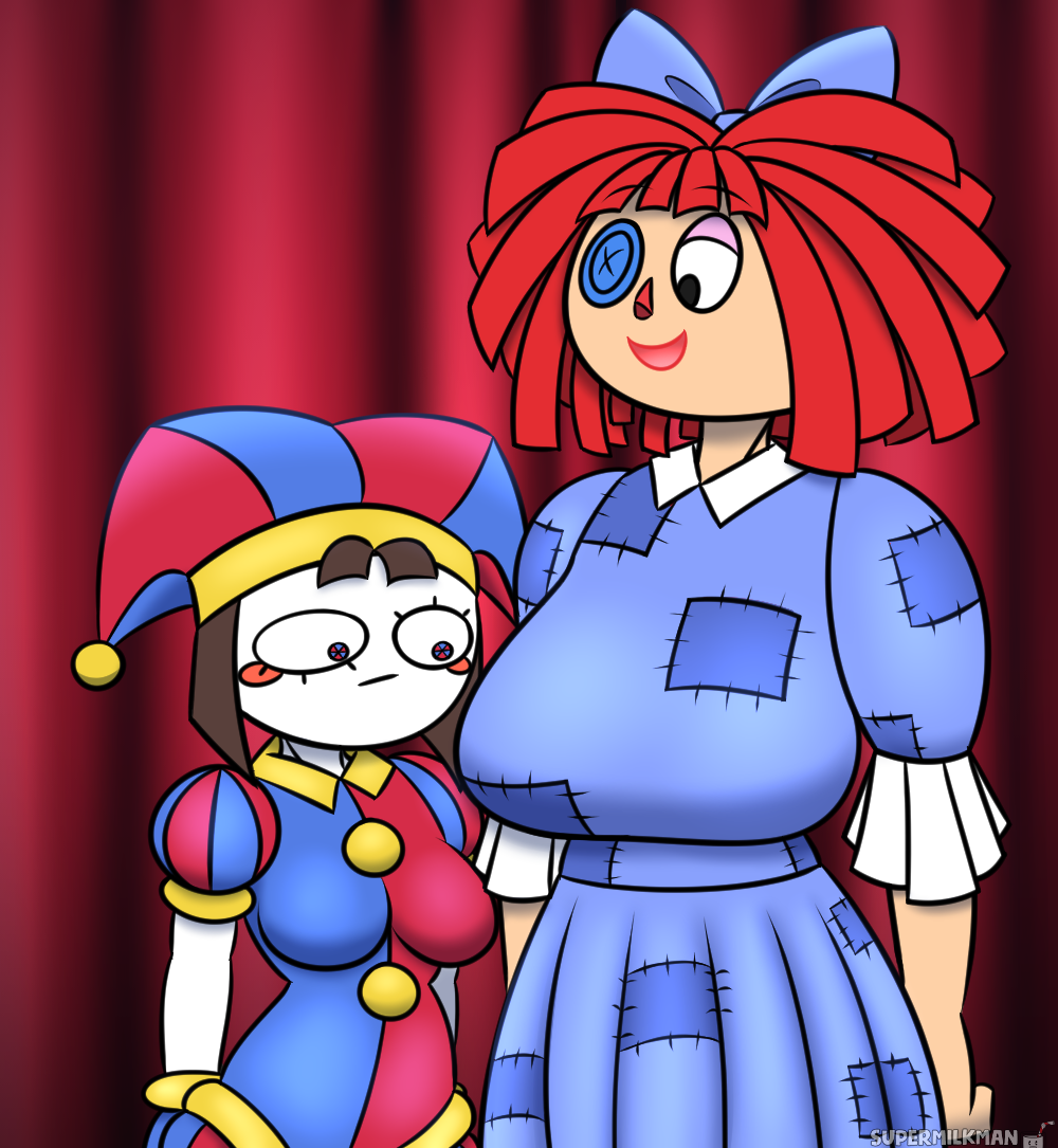 2girls alternate_version_at_source alternate_version_available big_breasts brown_hair dress female female_focus female_only jester_hat jester_outfit looking_at_breasts pomni pomni_(the_amazing_digital_circus) ragatha ragatha_(the_amazing_digital_circus) red_hair self_upload sfw sfw_version short_stack small_breasts supermilkman tagme taller_girl the_amazing_digital_circus