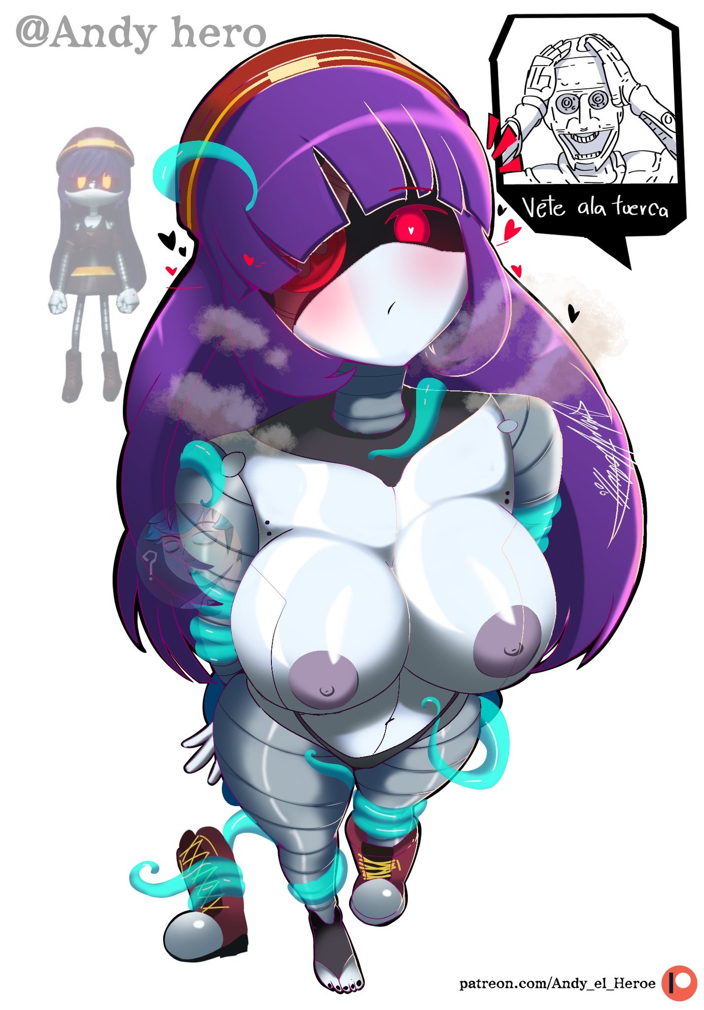 1girls, 2d, andy hero, artist name, big breasts, big thighs, big titties, boots, breasts, color, curvaceous, curvaceous female, curvaceous figure, curvy, curvy figure, curvy hips, doll (murder drones), female, female focus, female only, glitch productions, huge breasts, large breasts, long hair, murder drones, nipples, purple hair, solo, speech bubble, tentacle, thong, topless, translation request
