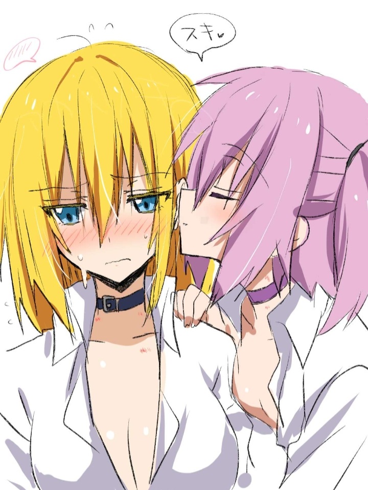 2girls, breasts, carrera (tensei shitara slime datta ken), choker, collar, female, flustered, kissing cheek, medium breasts, multiple females, multiple girls, open shirt, purple hair, side ponytail, small breasts, tensei shitara slime datta ken, ultima (tensei shitara slime datta ken), yellow hair, yuri