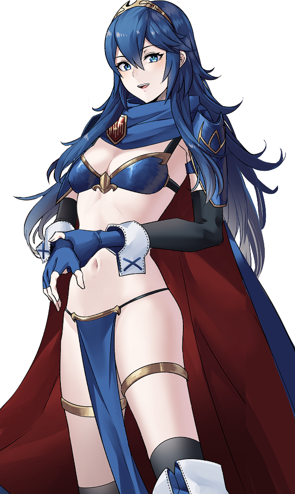 1girls ameno_(a_meno0) armor bikini bikini_armor blue_bikini blue_eyes blue_hair boots breasts cape elbow_gloves female female female_only fingerless_gloves fire_emblem fire_emblem_awakening fold-over_boots gloves loincloth long_hair lucina_(fire_emblem) navel nintendo open_mouth shoulder_armor simple_background small_breasts smile solo standing swimsuit symbol-shaped_pupils tiara very_long_hair white_background