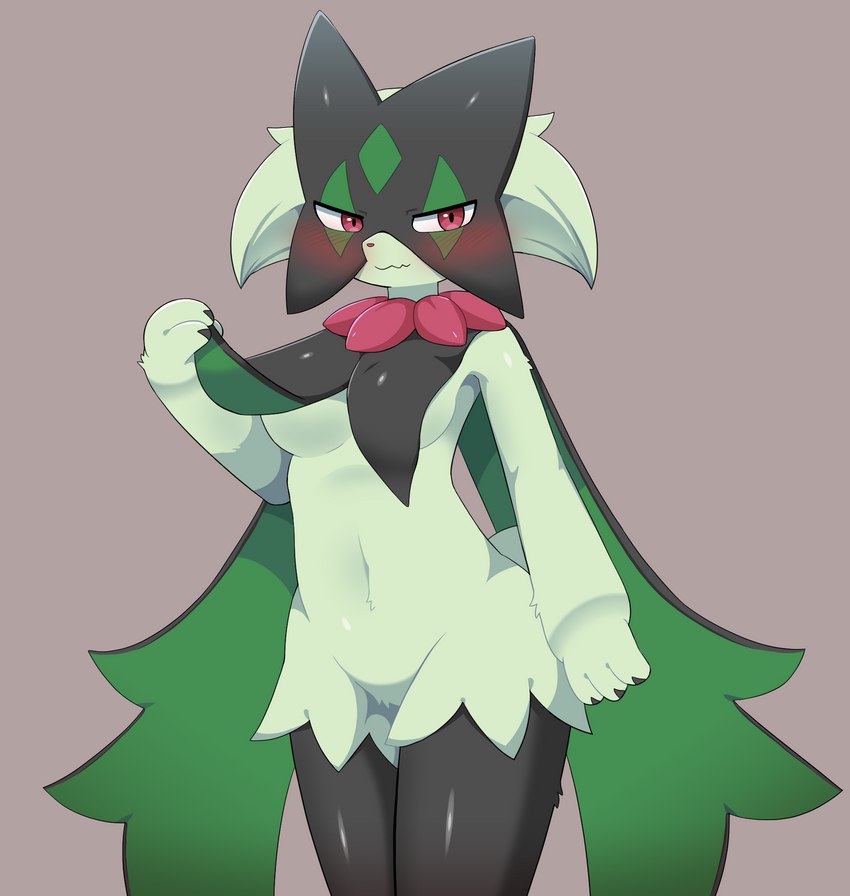 2022, anthro, anthro only, blush, breasts, claws, featureless crotch, feline, female, female only, generation 9 pokemon, green body, green fur, grey fur, medium breasts, meowscarada, navel, paws, pink eyes, pokémon (species), pokemon, pokemon (species), pokemon sv, shy, simple background, sum