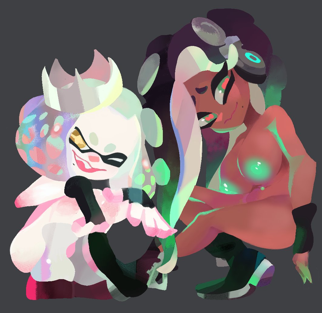 breasts, crouching, female, inkling, marina (splatoon), nintendo, nude, octoling, pearl (splatoon), splatoon, splatoon (series), splatoon 2, tagme, vespbee