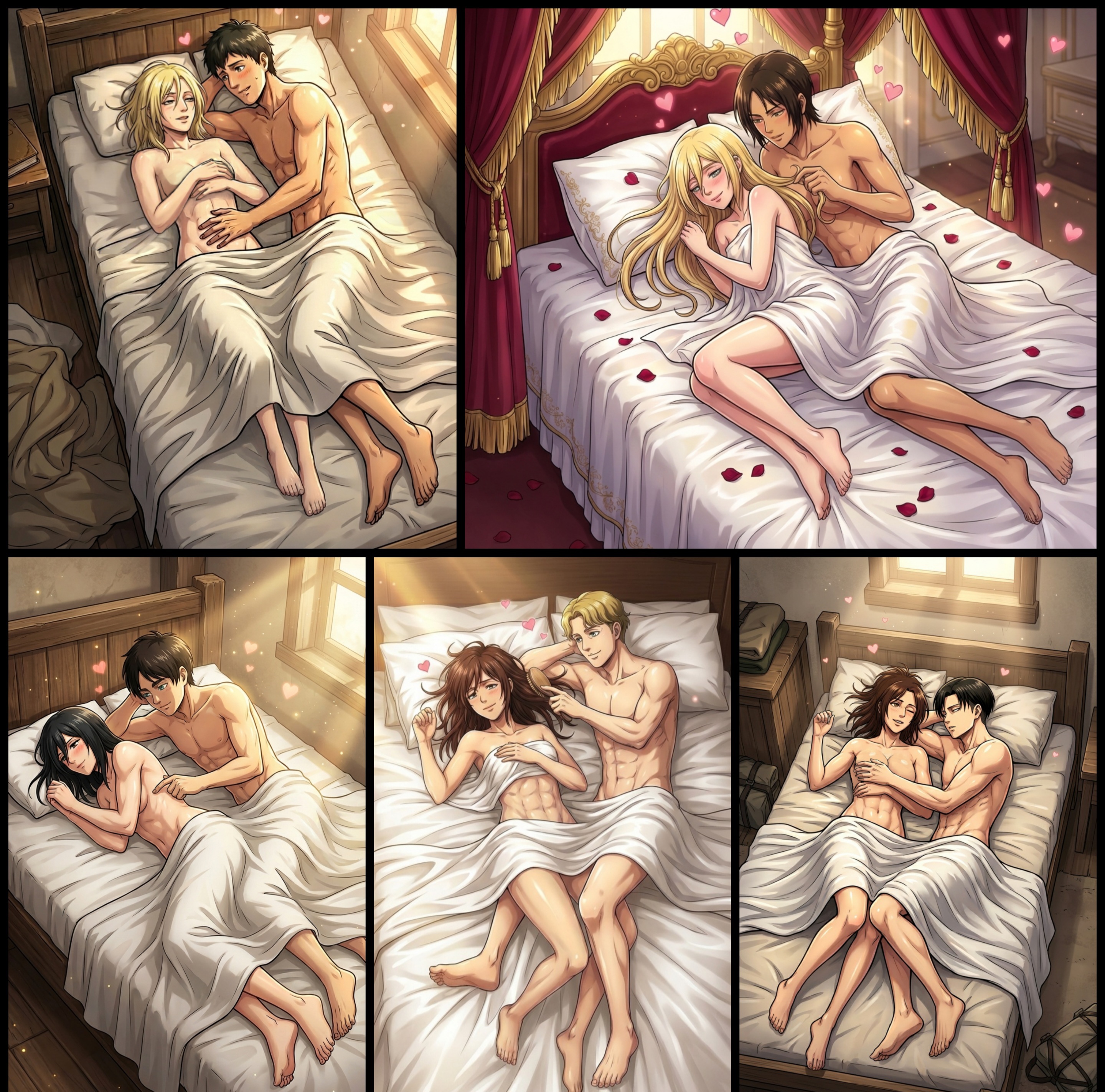 4boys, 6girls, abs, after sex, ai generated, anime, annie leonhardt, attack on titan, bed, bed sheet, bed sheets, bedroom, bedsheets, bertolt hoover, blanket, blanket covering, blush, couples, covered nipples, eren jaeger, feet, female, female/female, female/male, fit female, fit male, hanji zoe, happy end, happy ending, historia reiss, levi ackerman, light through window, lovers, male, male/female, marleyan and eldian, messy hair, mikasa ackerman, morning after, multiple boys, multiple girls, muscular female, muscular male, niccolo (shingeki no kyojin), on bed, pillow, sasha braus, shingeki no kyojin, straight, teasing, white bed sheet, wholesome, wholesome end, windows, ymir (shingeki no kyojin), yuri