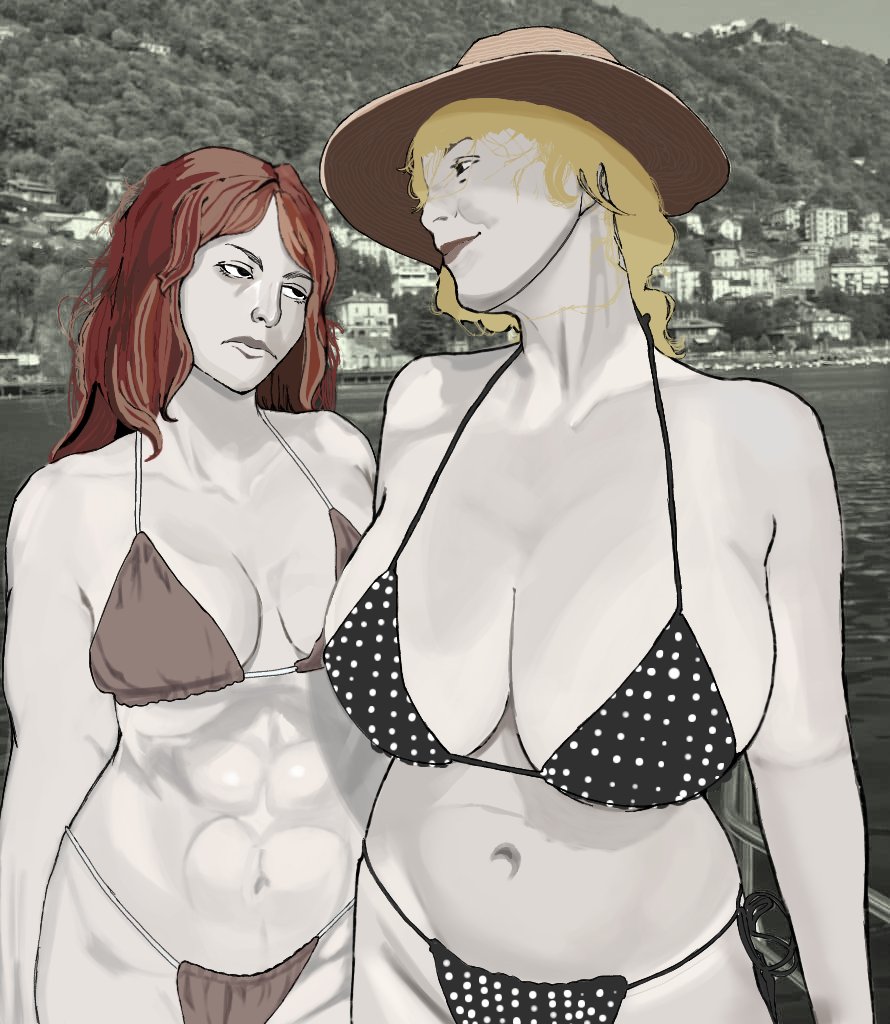 2girls, abella (fear and hunger), abs, annoyed expression, bikini, blonde hair, breast envy, breast size difference, breasts, curvy, dommy mommy, fear and hunger, fear and hunger: termina, female, huge breasts, karin (fear and hunger), meme, mother daughter boob envy (meme), multiple females, multiple girls, muscular, muscular female, red hair, tagme