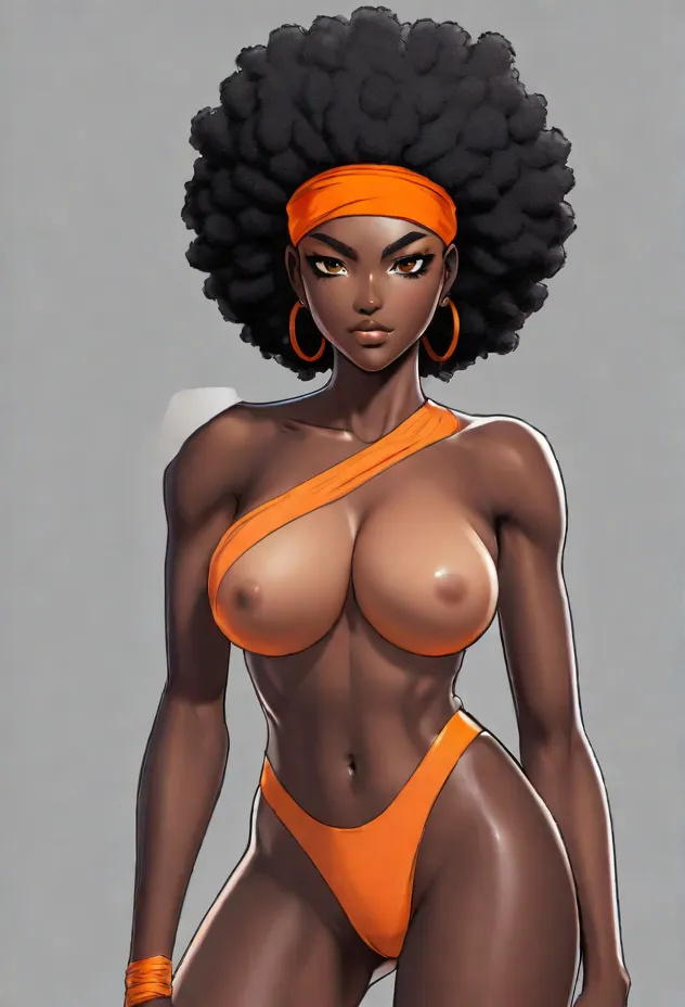 1girls afro ai ai_generated black_hair black_skin breasts brown_eyes brown_nipples dark_nipples dark_skin dark_skinned dark_skinned_female ear_piercing earrings f-zero grey_background headband kate_alen looking_at_viewer naked naked_female nintendo nipples nude nude_female orange_headband orange_panties panties