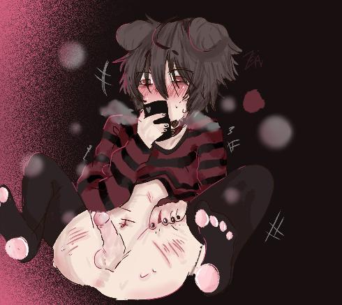 black_background black_sweater breath brown_hair cute ezekiel_crybaby femboy paws phone pink_penis puppy_boy puppyplay red_eyes red_stripes solo_male thick_thighs thighhighs zekiel