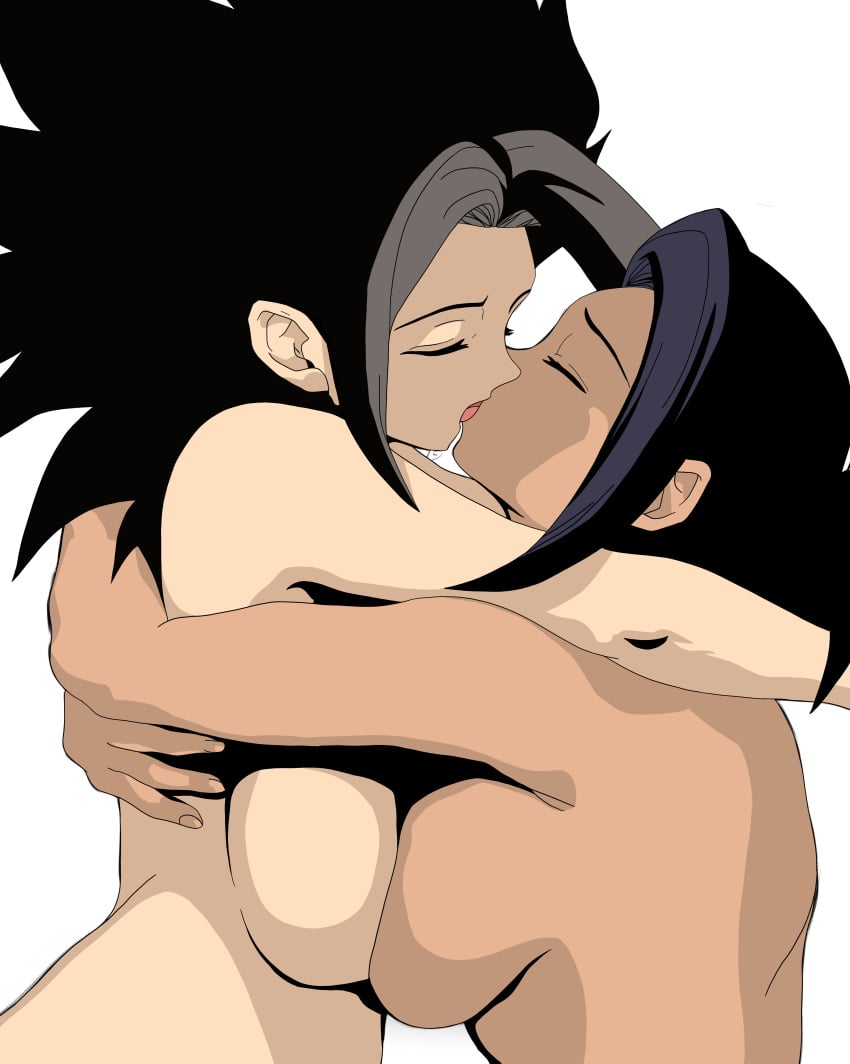 2girls bangs black_hair breast_press breast_squeeze breast_squish breasts caulifla closed_eyes couple dark-skinned_female dark_skin dragon_ball dragon_ball_super duo female female/female female_only female_saiyan french_kiss from_side head-cha-la hugging kale kissing large_breasts long_hair love multiple_females multiple_girls mutual_yuri nude nude_female parted_bangs romantic saiyan short_hair sideboob simple_background spiked_hair spiky_hair symmetrical_docking universe_6 upper_body white_background yuri