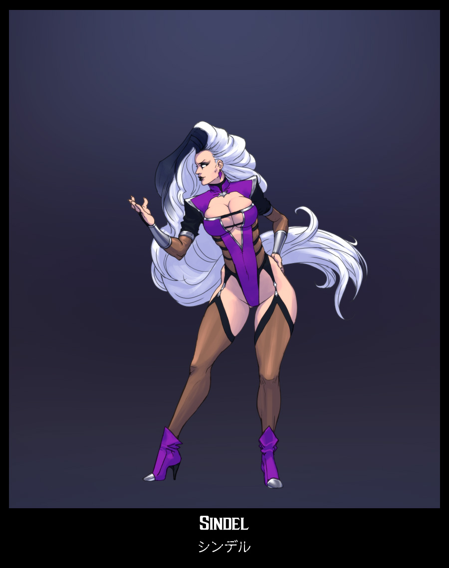 black_hair black_lips cleavage earrings eyeliner high_heel_boots high_heels jiggeh large_breasts leaning_forward mortal_kombat redesign simple_background sindel solid_eyes standing thighhighs vambraces very_long_hair white_eyes white_hair