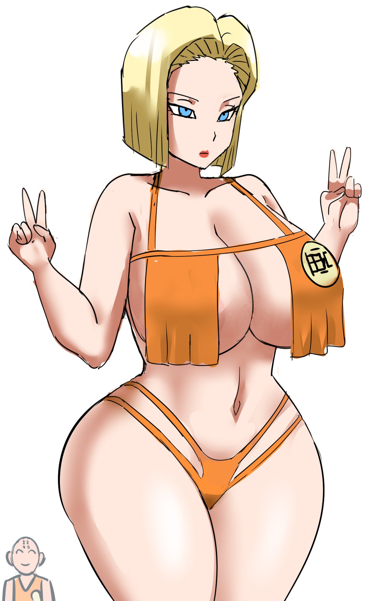 1boy 1girls android_18 big_breasts blank_eyes blonde_female blonde_hair blue_eyes double_peace_sign double_v dragon_ball dragon_ball_super dragon_ball_z female_focus gtsn17 huge_breasts husband_in_background krillin kuririn large_breasts light-skinned_female light-skinned_male light_skin peace_sign plain_background skimpy skimpy_clothes small_waist v white_background wide_hips