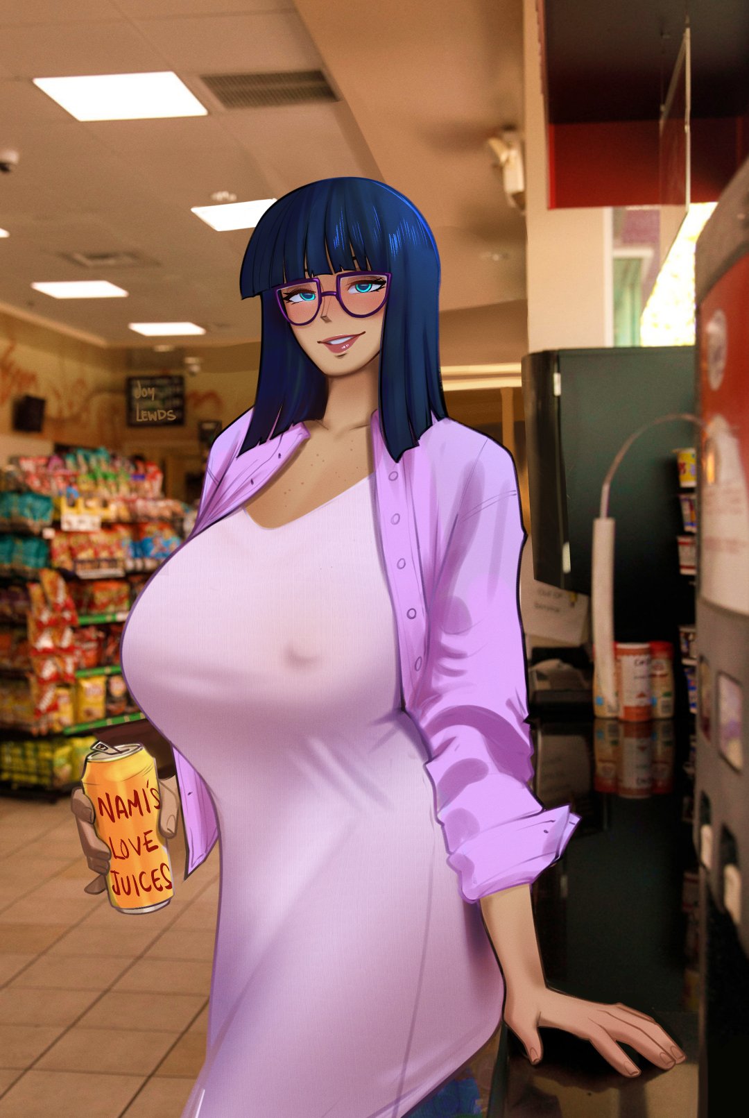 1girls bangs big_breasts black_hair breasts female female_only freckles freckles_on_chest glasses joylewds nico_robin nipple_bulge one_piece pre-timeskip tan_body