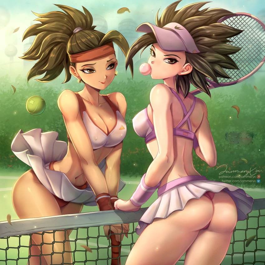 2girls big_ass big_butt bubble_ass bubble_butt bubble_gum caulifla dragon_ball dragon_ball_super female female_only jammeryx kale looking_at_partner looking_at_viewer looking_back medium_breasts microskirt multiple_girls nipple_bulge panties pleated_skirt shounen_jump skirt skirt_lift skirt_up tennis tennis_uniform upskirt wind_lift