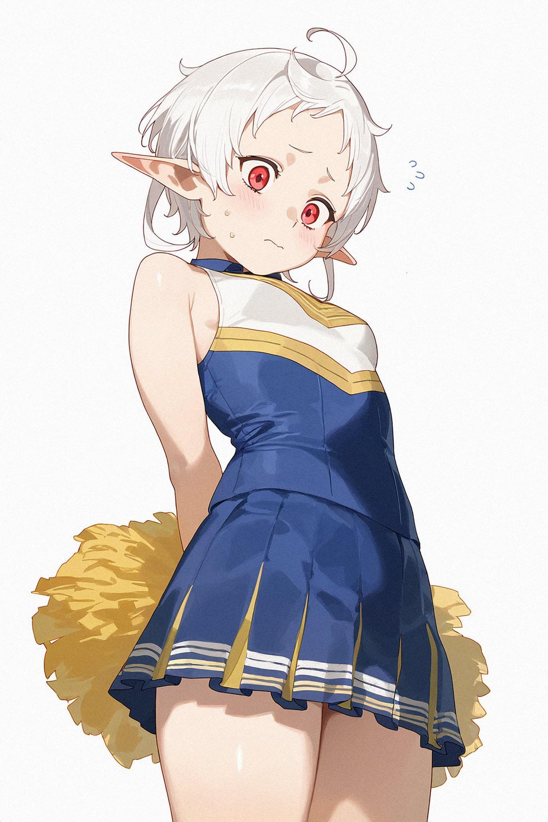 1girls, blush, breasts, cheerleader, embarrassed, female, female only, looking at viewer, looking down, mushoku tensei, mushoku tensei: isekai ittara honki dasu, petite, pointy ears, red eyes, small breasts, solo, sylphiette (mushoku tensei), white hair