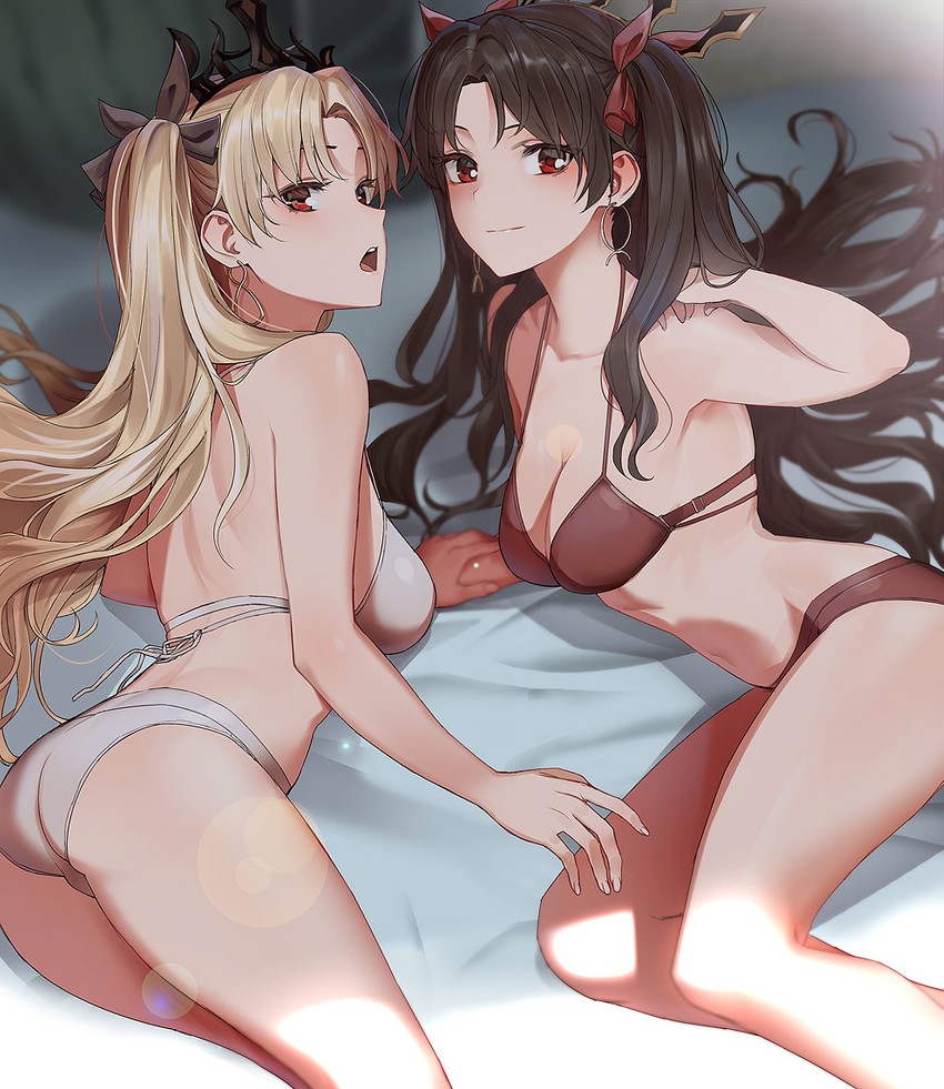 2girls bed black_hair blonde_hair earrings ereshkigal_(fate) fate_(series) female female_only hyury ishtar_(fate) multiple_girls red_eyes red_underwear tagme twintails underwear white_underwear