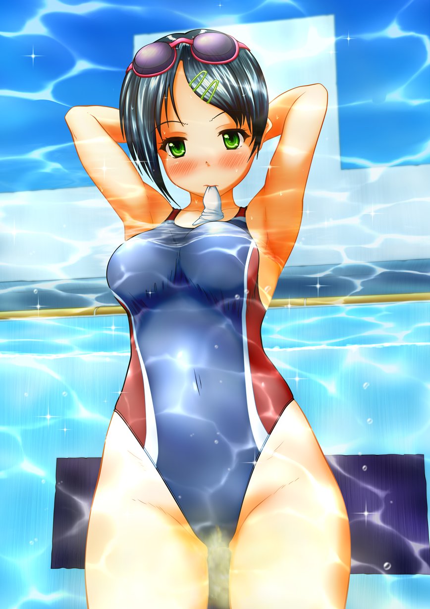 omorashi one-piece_swimsuit original original_character peeing peeing_self peeing_underwater pullpull15 swimsuit swimwear urinating_female urination urine urine_stream