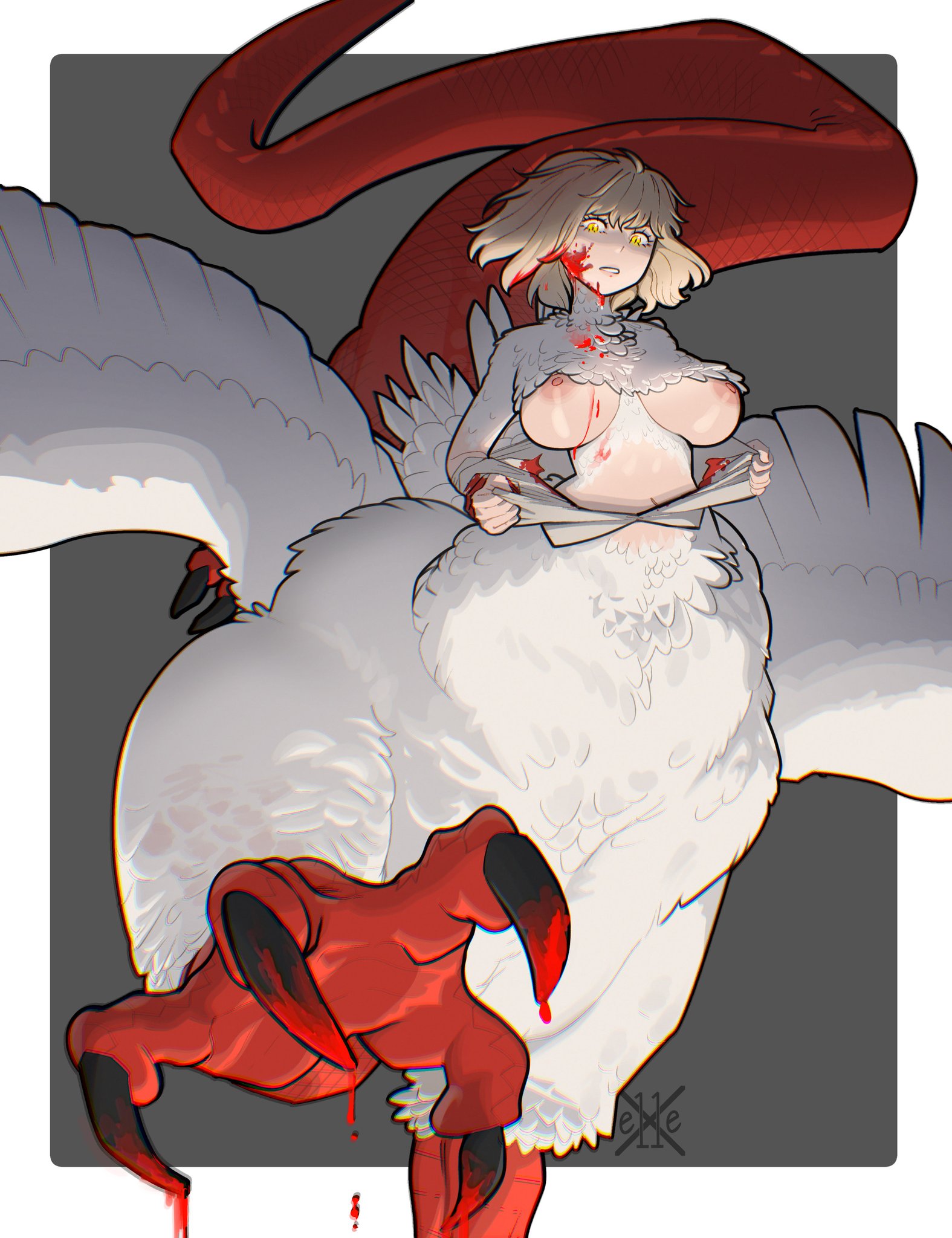 1girls, big breasts, breasts, chimera, dungeon meshi, falin touden, falin touden (chimera), feathers, female, female only, looking away, medium hair, monster, monster girl, open mouth, solo, taur, underboob, upper body, x e11e