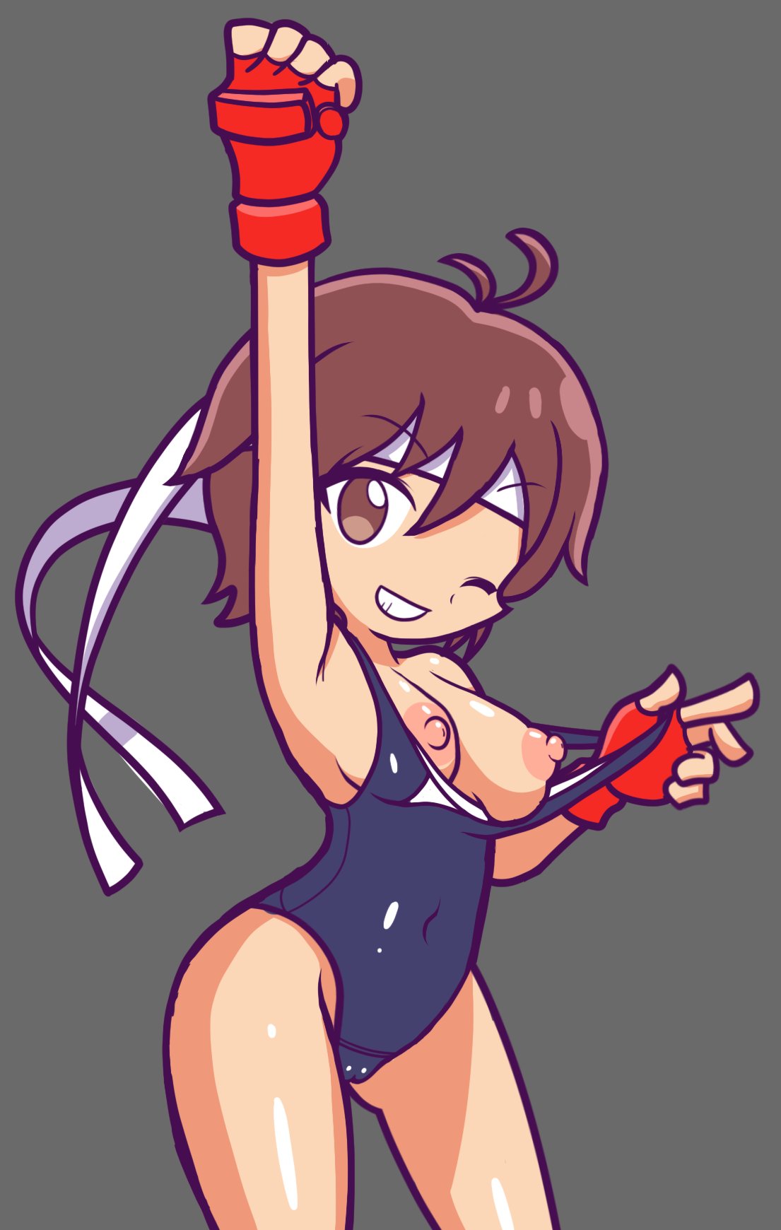 1girls 2024 arm_up armpits breasts breasts_out brown_eyes brown_hair cameltoe female furii_(artist) gloves headband looking_at_viewer one_eye_closed puyo_puyo puyo_puyo_artstyle puyo_puyo_fever sakura_kasugano short_hair solo solo_female street_fighter swimsuit tomboy wink