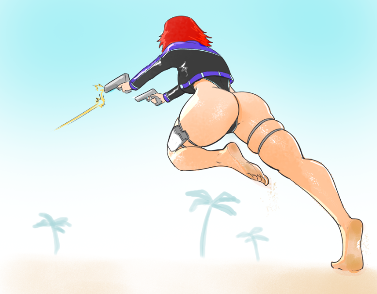 1girls ass beach female firearm gun handgun human joanna_dark leotard necrolepsy outerwear pale_skin perfect_dark thighs weapon