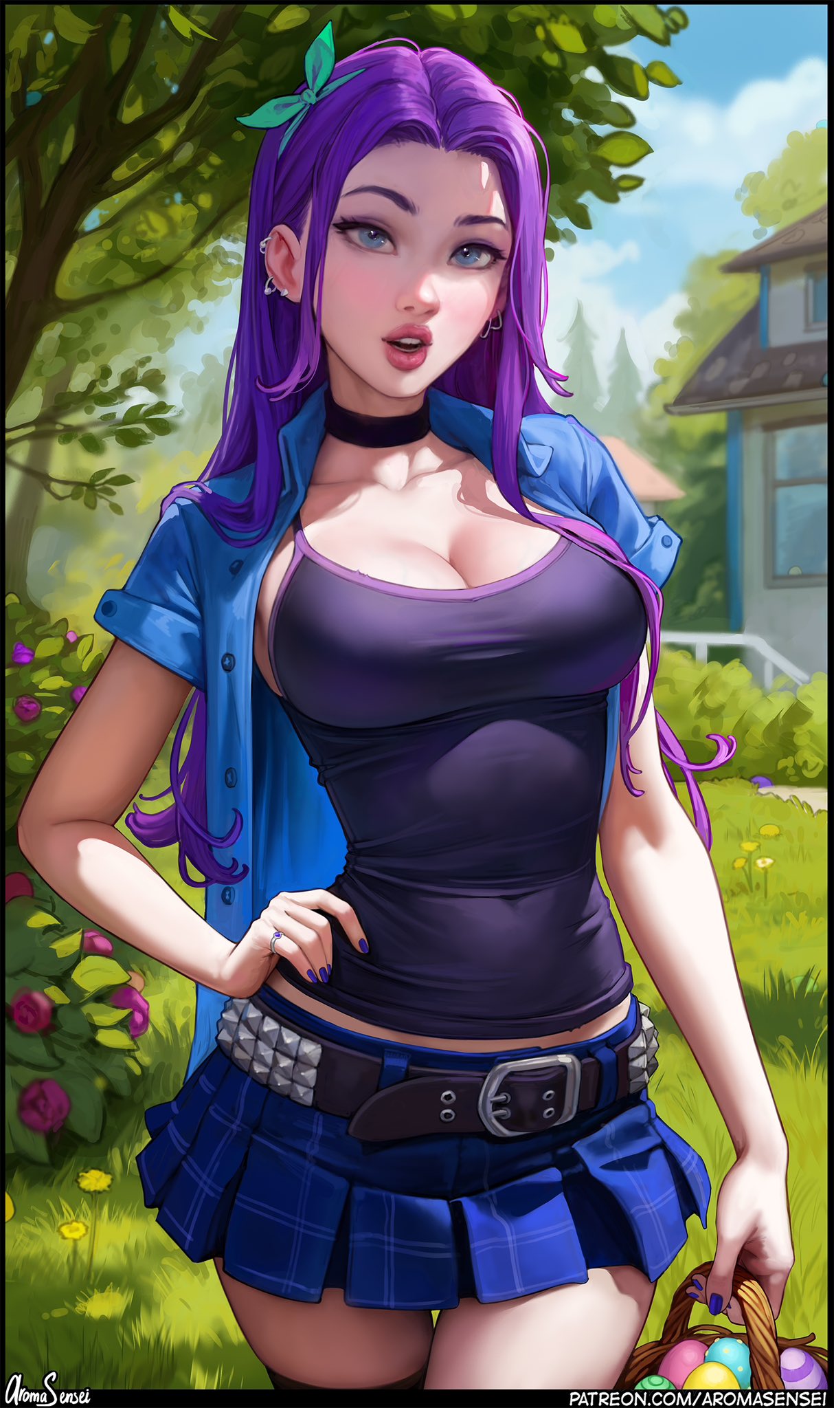 1girls abigail_(stardew_valley) aroma_sensei big_breasts breasts busty curvaceous curvy curvy_figure digital_media_(artwork) easter_egg egg eyebrows eyelashes eyes female female_focus fit fit_female hair hand_on_hip hips hourglass_figure huge_breasts human large_breasts legs light-skinned_female light_skin lips mature mature_female outdoors purple_hair skirt standing stardew_valley thick thick_legs thick_thighs thighs top_heavy upper_body voluptuous waist wide_hips