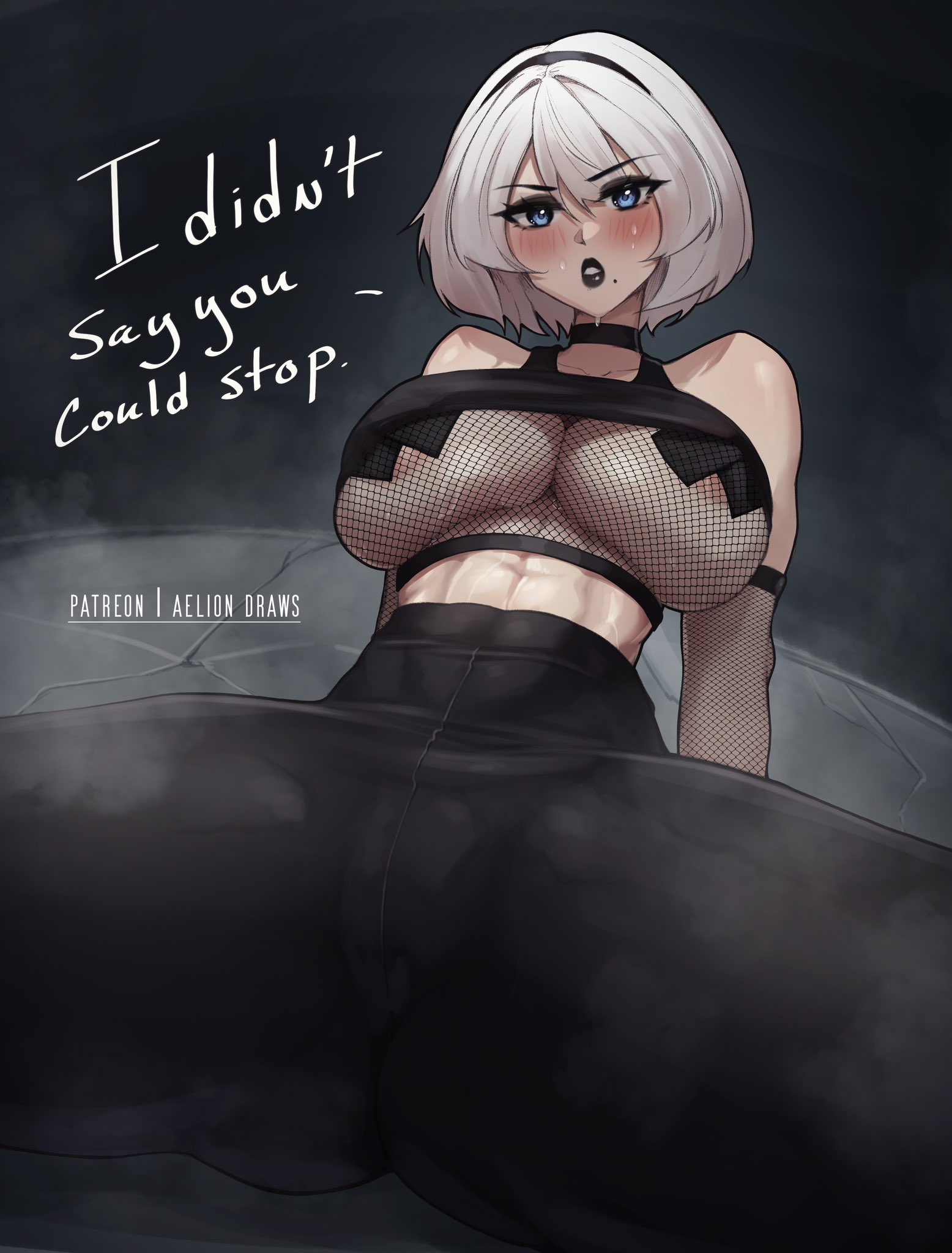 1girls, aelion draws, android, android girl, blue eyes, breasts, dialogue, english text, female, goth, hair over one eye, large breasts, light skin, light-skinned female, makeup, midriff, nier, nier: automata, pale skin, pale-skinned female, short hair, spread legs, sweat, sweaty body, text, thick thighs, white hair, wide hips, yorha 2b