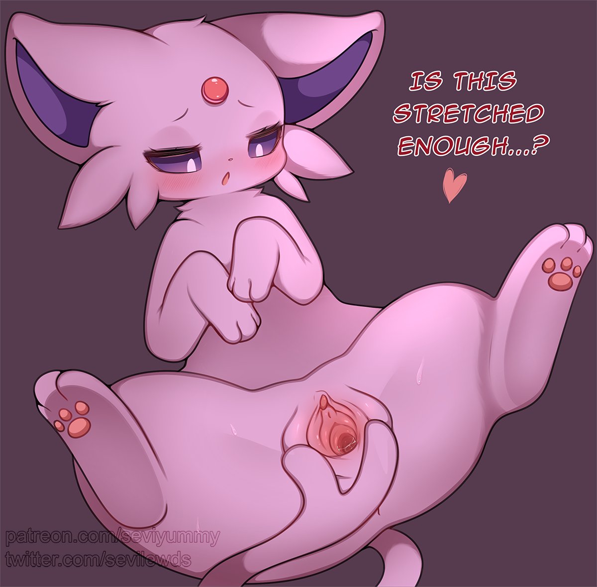 blush dialogue eeveelution english_text espeon female feral forehead_gem forked_tail fur generation_2_pokemon genitals heart looking_at_genitalia looking_at_pussy nintendo open_mouth pawpads pink_body pokemon pokemon_(species) purple_sclera pussy quadruped question_mark seviyummy simple_background solo spread_pussy spreading tail text unusual_anatomy unusual_tail url