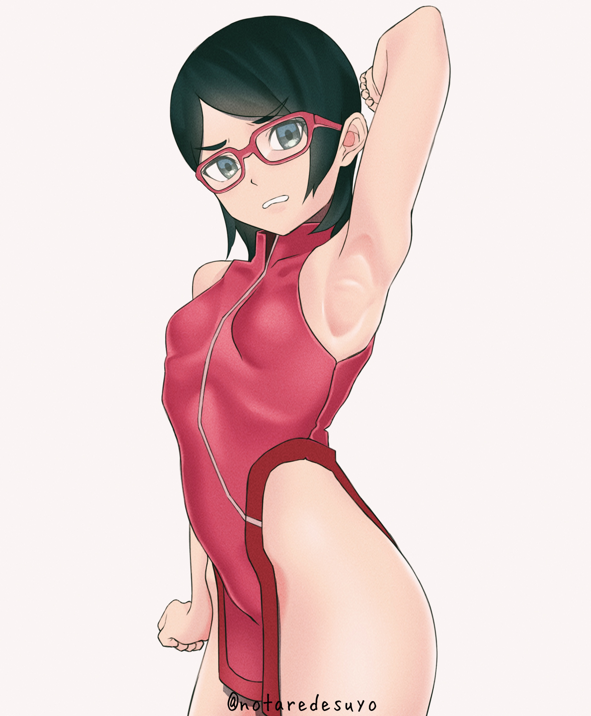 1girls, alternate version available, armpit fetish, armpits, arms up, bare thighs, black eyes, black hair, boruto: naruto next generations, breasts, clenched teeth, clothing, dress, female, female focus, female only, glasses, hi res, high resolution, highres, light skin, light-skinned female, looking at viewer, naruto, naruto (series), notaredesuyo, pale skin, pale-skinned female, perky breasts, petite, pinup, pose, posing, sarada uchiha, short dress, short hair, shounen jump, skimpy, skimpy clothes, skimpy dress, sleeveless, sleeveless dress, small breasts, solo, solo female, solo focus, standing, teeth, teeth showing, thighs, tight clothing, tight dress, tomboy