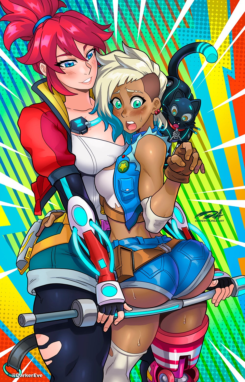 2girls 808_(hi-fi_rush) ass bethesda_softworks blonde_hair blue_eyes blush chocolate_and_vanilla dark-skinned_female dark_skin darkereve female female_only green_eyes height_difference hi-fi_rush hi_res interracial_yuri korsica light-skinned_female light_skin long_hair peppermint_(hi-fi_rush) red_hair shaved_head smiling thick_thighs tied_hair yuri