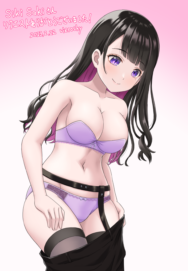 1girls belly_button black_hair bra dressing female female_only koinoya_mai light-skinned_female light_skin lingerie panties pink_hair propro_production purple_bra purple_eyes purple_panties solo two_tone_hair underwear vierosky virtual_youtuber