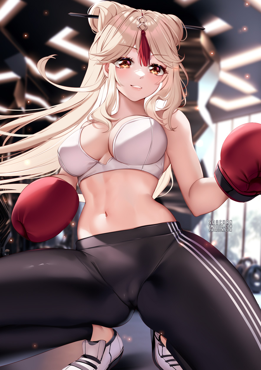 1girls, boxing gloves, breasts, female, genshin impact, gloves, indoors, large breasts, long hair, ningguang (genshin impact), platinum blonde hair, red boxing gloves, red eyes, red gloves, smile, sports bra, sportswear, squchan, thighs, yoga pants