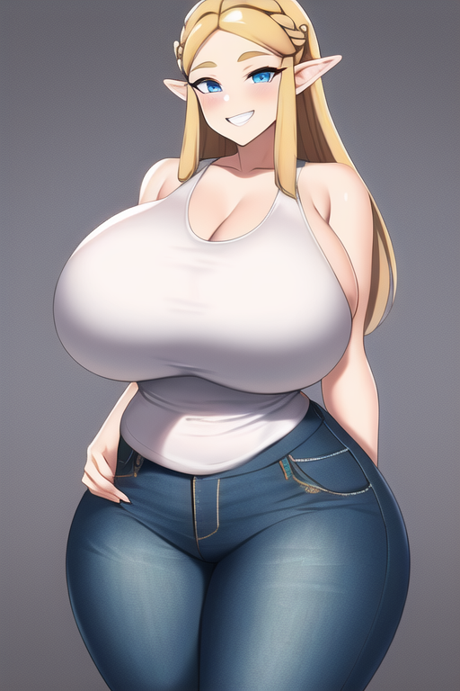 ai_generated blonde_hair blue_eyes curvaceous curvy curvy_figure gigantic_breasts hand_on_hip high_waisted_jeans huge_ass huge_breasts huge_hips hyper long_hair massive_thighs nai_diffusion nintendo princess_zelda shiny_clothes shiny_hair shiny_skin stable_diffusion tank_top the_legend_of_zelda thick_thighs thunder_thighs voluptuous white_tank_top wide_hips