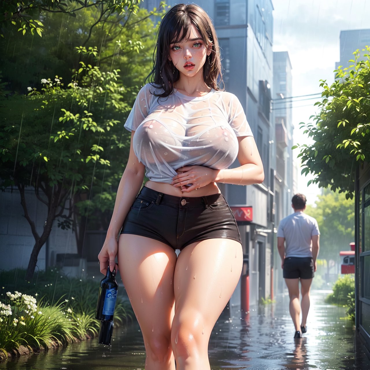 1boy, 1girls, ai generated, black shorts, breasts, brown hair, building, clouds, curvaceous, curvy body, curvy female, curvy figure, detailed background, female, female focus, grass, green eyes, holding bottle, huge breasts, male, raining, seductive look, see-through, see-through clothing, short shorts, shorts, stable diffusion, thick thighs, tree, wet clothes, wet skin, white shirt