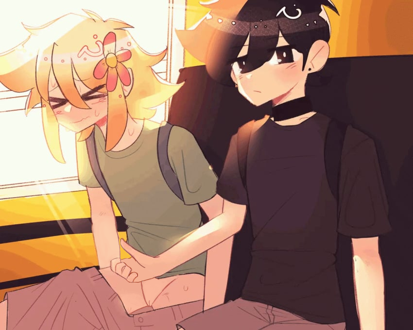 2boys basil_(omori) cuntboy edit edited embarrassed eyeinfectiion_ femboy intersex omori public public_nudity pussy sunflower_(omori) sunny_(omori) sweatdrop