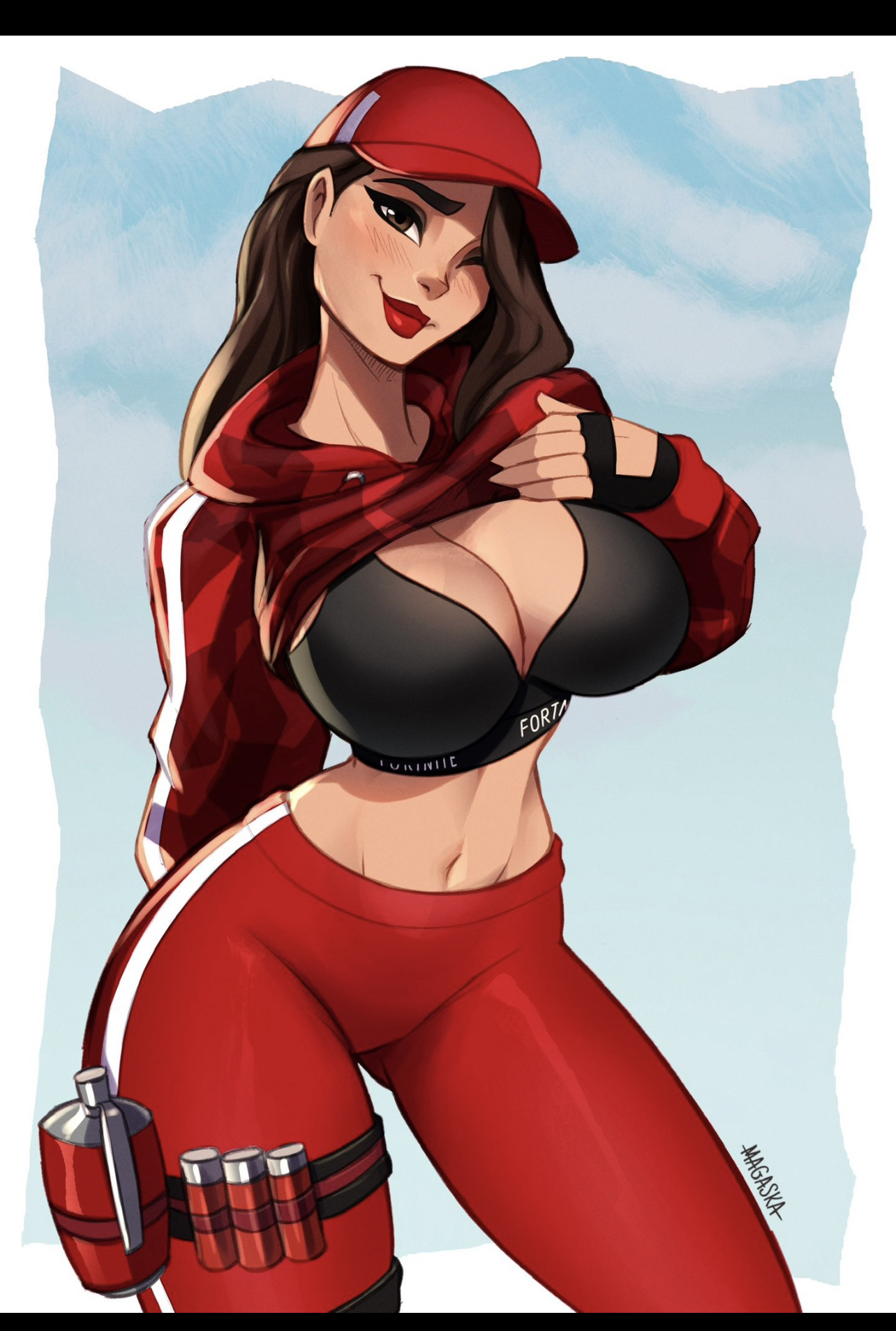 ass, big ass, big breasts, blush, bra, breasts, breasts out, brown eyes, brown hair, cap, curvy, explosives, female, fortnite, fortnite: battle royale, gloves, grenade, hoodie, magaska19, plaid shirt, red lips, red lipstick, red pants, ruby (fortnite)