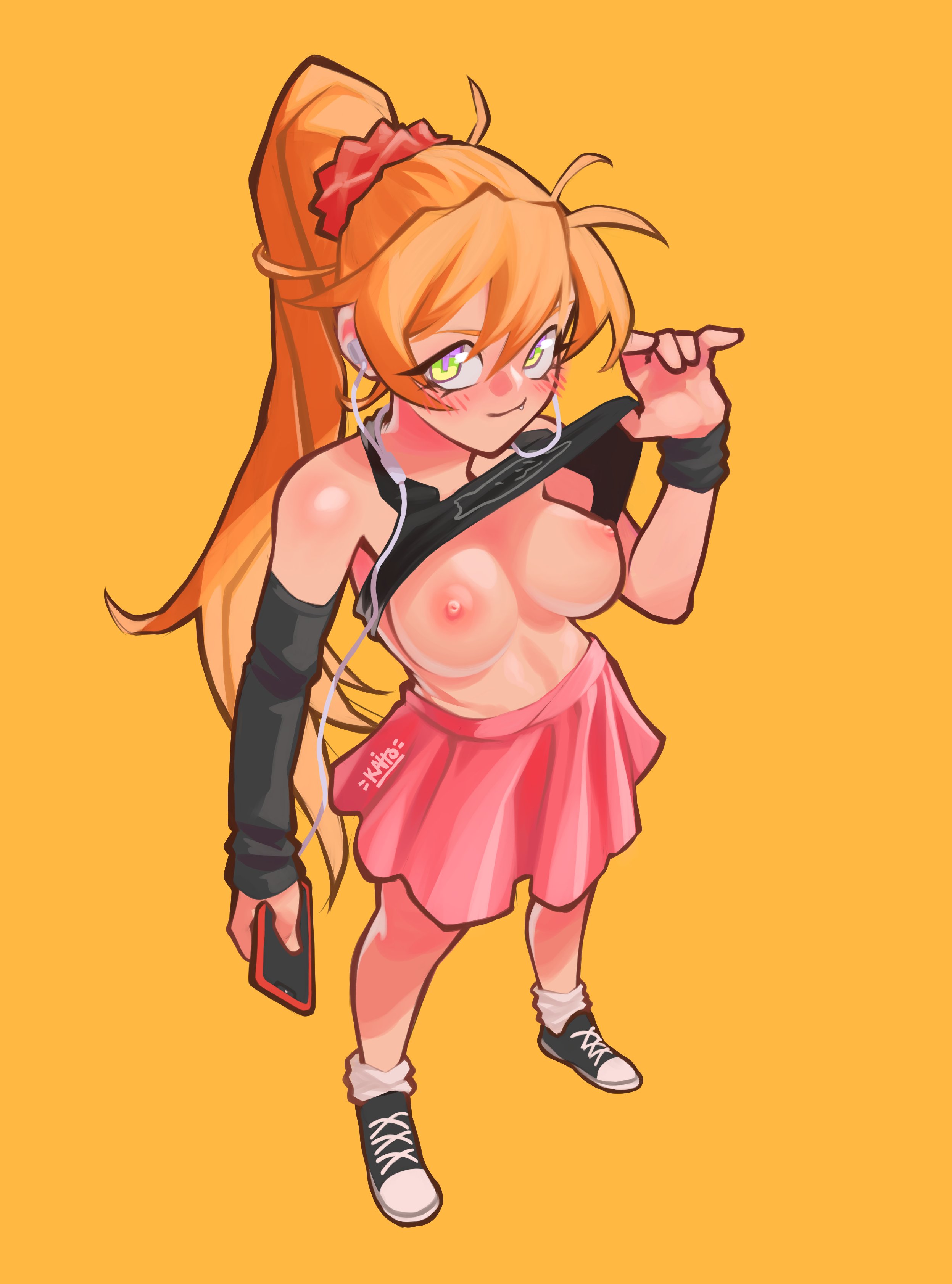 1girls, 2022, areolae, arm sleeves, ashe (kaito artist), blush, breasts, clothes lift, earphones, female, female only, green eyes, holding phone, kaito artist, kaitodile, long hair, looking at viewer, nipples, orange hair, original, phone, ponytail, skirt, smiling, smiling at viewer, solo, very high resolution, viewed from above, wristband, yellow background