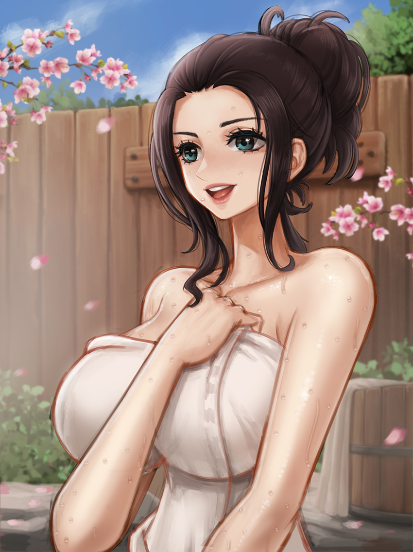 1girls, bath, big breasts, black hair, black-haired female, breasts, female, female only, hot spring, kyopink, nico robin, one piece, onsen, post-timeskip, towel, towel only