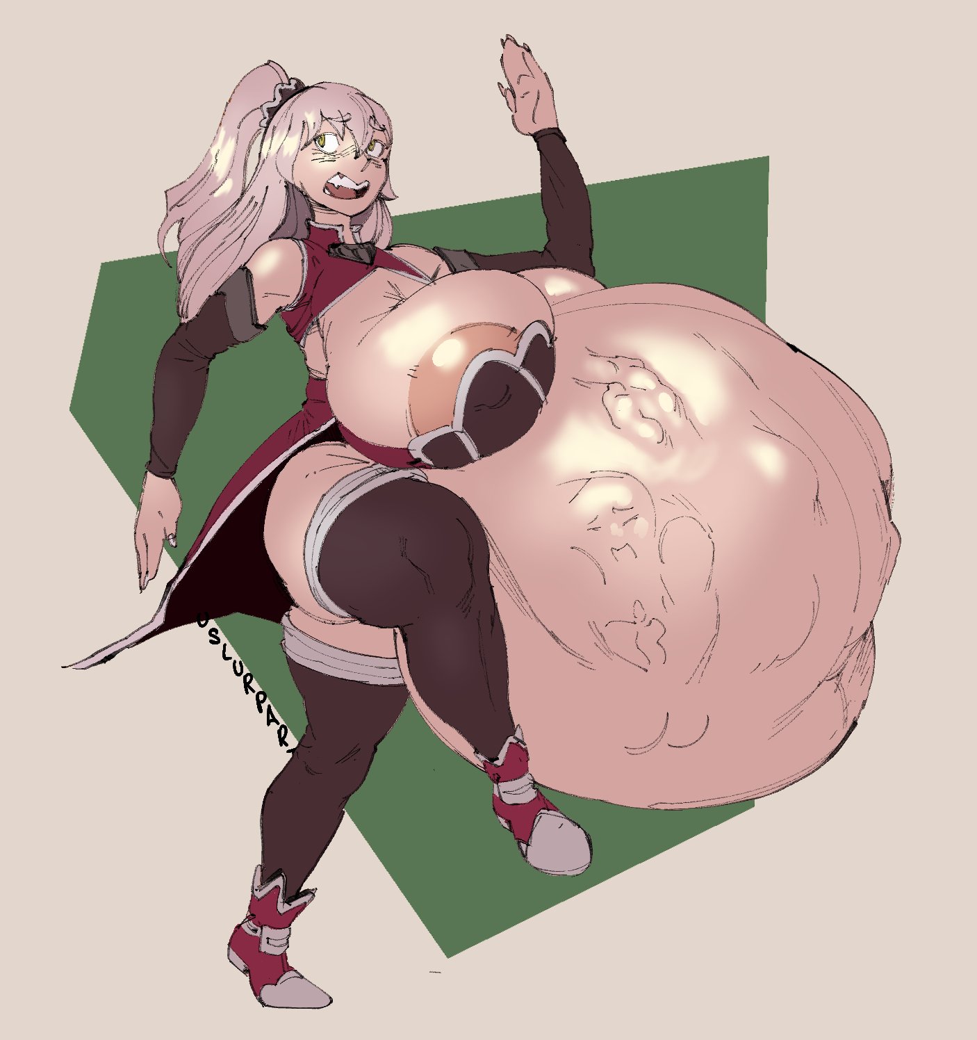 ambiguous gender, ariane glenys lalatoya, belly, big belly, breasts, face imprint, female, female pred, gaikotsu kishi-sama tadaima isekai e o dekake-chuu, grey hair, huge breasts, i’m, large areolae, long hair, nipple slip, running, thick thighs, thighhighs, uslurpart, vore, vore belly