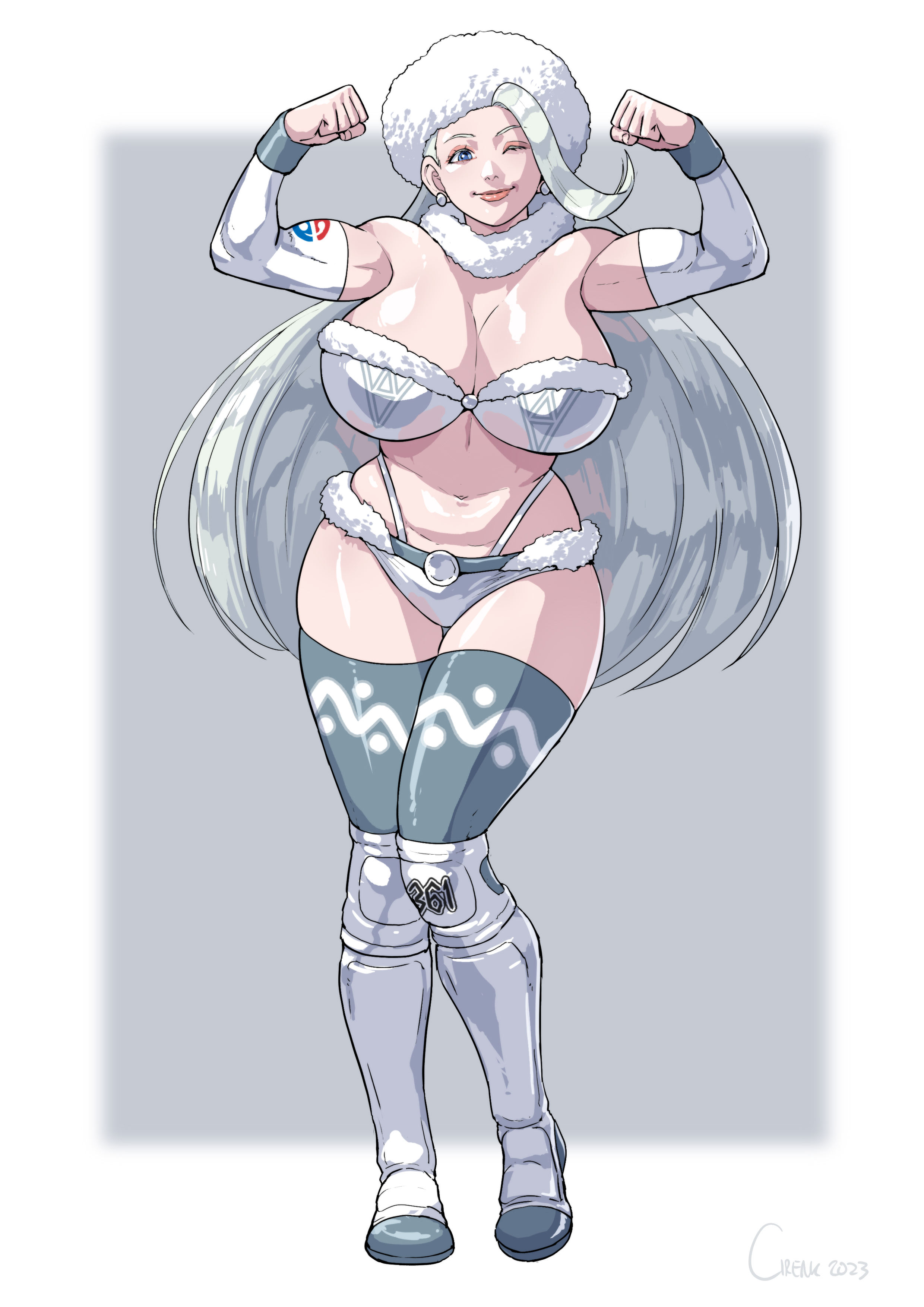 1girls, armwear, big breasts, blue eyes, boots, bra, breasts, cirenk, commission, female, female only, flexing, flexing bicep, hat, legwear, long hair, looking at viewer, mature, mature female, melony (pokemon), milf, nintendo, panties, pokemon, pokemon ss, smiling, smiling at viewer, solo, thick thighs, thigh squish, tuft, very high resolution, white hair, wide hips, wink, winking at viewer