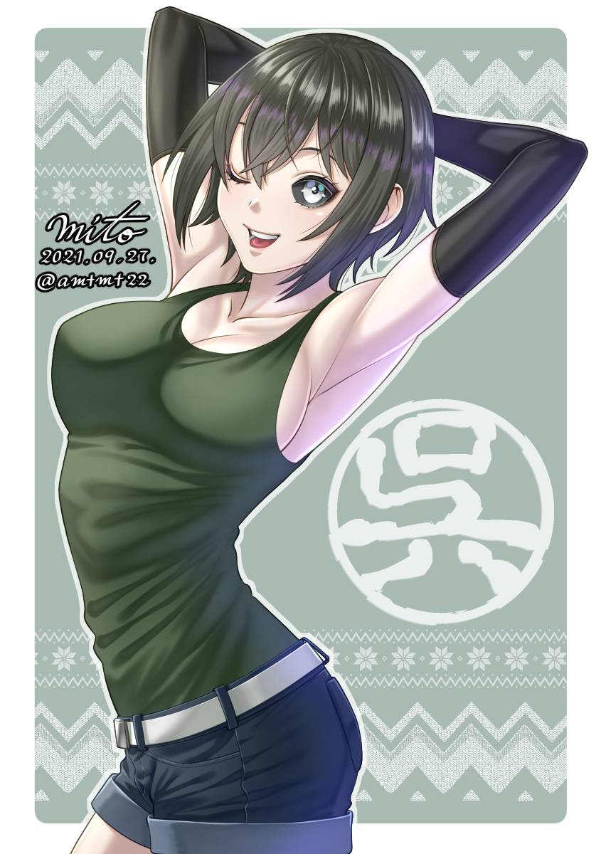 1girls, 2023, 2d, 2d (artwork), amtmt22, armpits, arms up, artist name, assassin, black gloves, black hair, black sclera, breasts, cleavage, clothed, clothed female, dated, denim shorts, detached sleeves, elbow gloves, english text, female, female only, fully clothed, gloves, hands behind head, human, human female, human only, kengan (series), kengan ashura, kure fusui, light skin, light-skinned female, looking at viewer, medium breasts, open mouth, pale skin, pale-skinned female, questionable, realistic breast size, realistic proportions, sfw, short hair, short shorts, shorts, sideboob, silver eyes, smile, smiling at viewer, solo, solo female, tank top, text, white border, wink, winking at viewer, younger female
