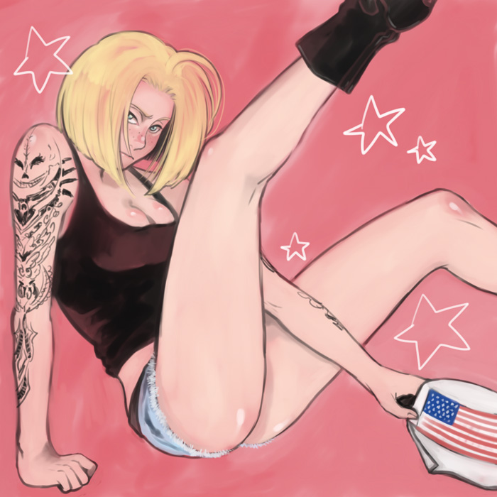 adam_dudley american_flag baseball_cap blonde_hair blush boots canon_genderswap cleavage denim_shorts female female_only freckles frown genderswap_(mtf) hat_removed kengan_(series) kengan_ashura legs_up looking_at_viewer medium_breasts pink_background rule_63 short_hair short_shorts shorts solo tank_top tattoo tattooed_arm tattoos ueno_(pixiv)