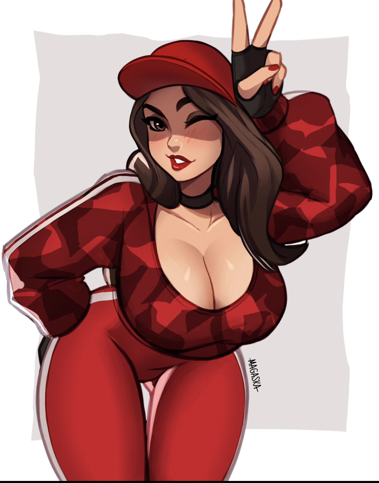 2d, ass, bent over, breasts, choker, cleavage, female, fortnite, fortnite: battle royale, gloves, light skin, light-skinned female, magaska19, red hat, red lips, red lipstick, ruby (fortnite), thick ass, thick thighs, wink