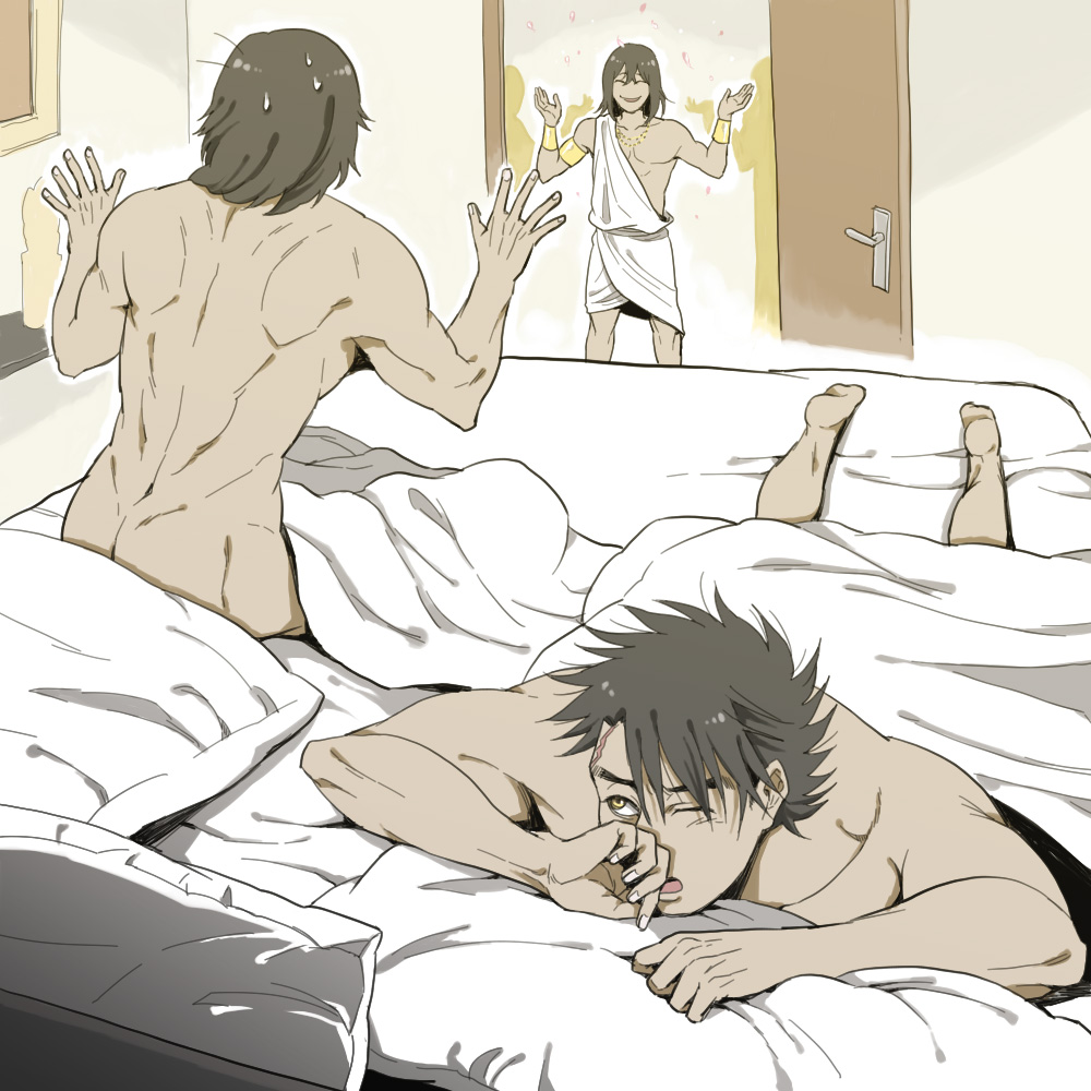 3boys after_sex bedroom blanket caught completely_nude gaolang_wongsawat gay in_bed kengan_(series) kengan_ashura male male_only morning_after nervous nude on_bed on_stomach rama_xiii surprised sweatdrop tan_skin ueno_(pixiv) yaoi yoroizuka_saw_paing