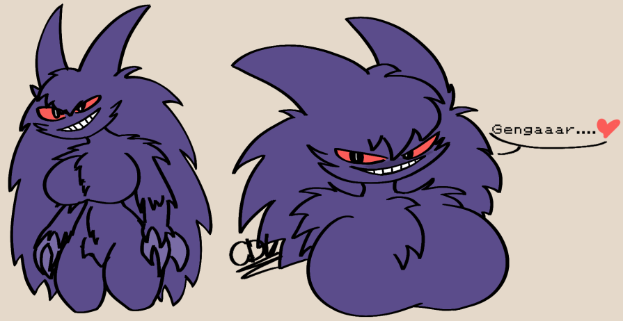 anthro cdk chest_fur claws digital_media_(artwork) fluffy furry gengar ghost large_breasts large_ears lavender_the_gengar_(cdk) long_hair pokémon_(species) pokemon purple_fur red_eyes smile smirk speech standing text watermark