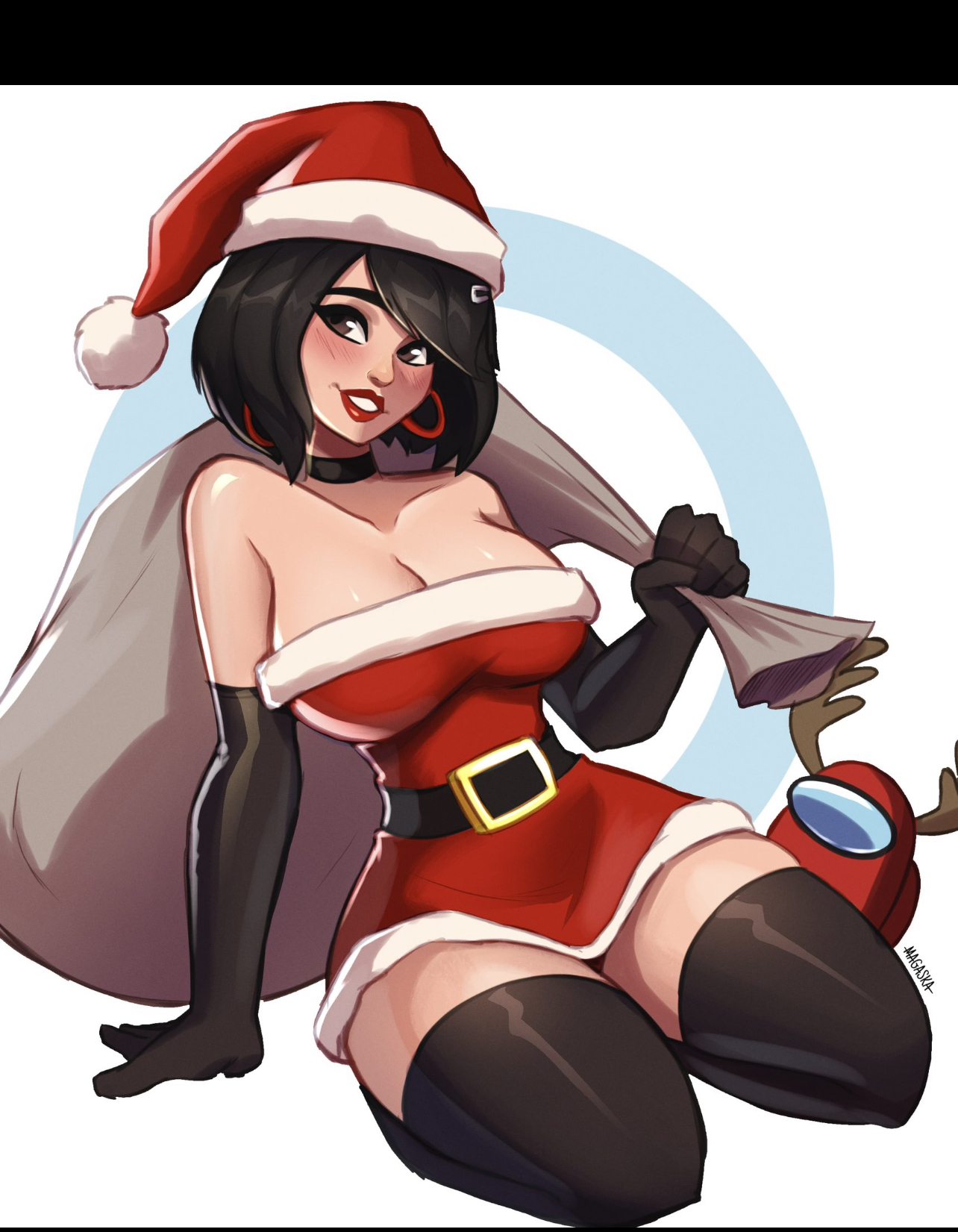 1girls, among us, big breasts, black hair, breasts, choker, christmas, christmas hat, christmas outfit, cleavage, evie (fortnite), female, female only, fortnite, fortnite: battle royale, gloves, hat, kneeling, light skin, light-skinned female, lipstick, long gloves, magaska19, medium hair, on knees, red lipstick, santa costume, santa hat, solo, stockings, thick thighs, thighhighs, thighs, winterfest