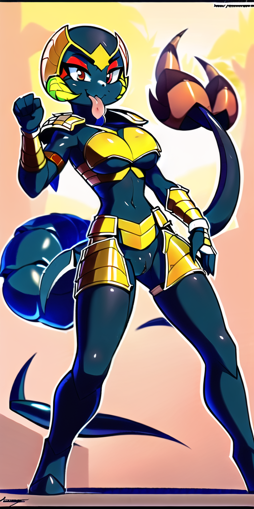 ai_generated anthro armor breasts scorpion scorpion_girl scorpion_tail tongue_out vagina