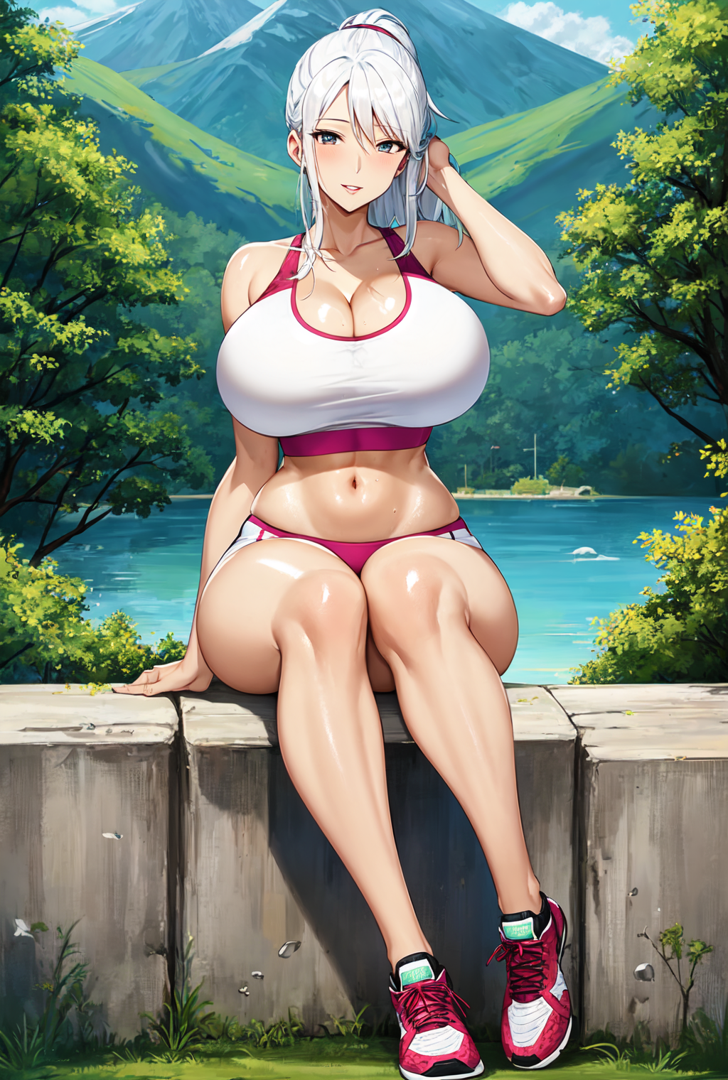 1girls, ai generated, curvaceous, curvy body, curvy female, curvy figure, female, female focus, female only, gym, gym uniform, hi res, highres, mature female, older female, original character, ponytail, seductive look, silver hair, stable diffusion, white hair