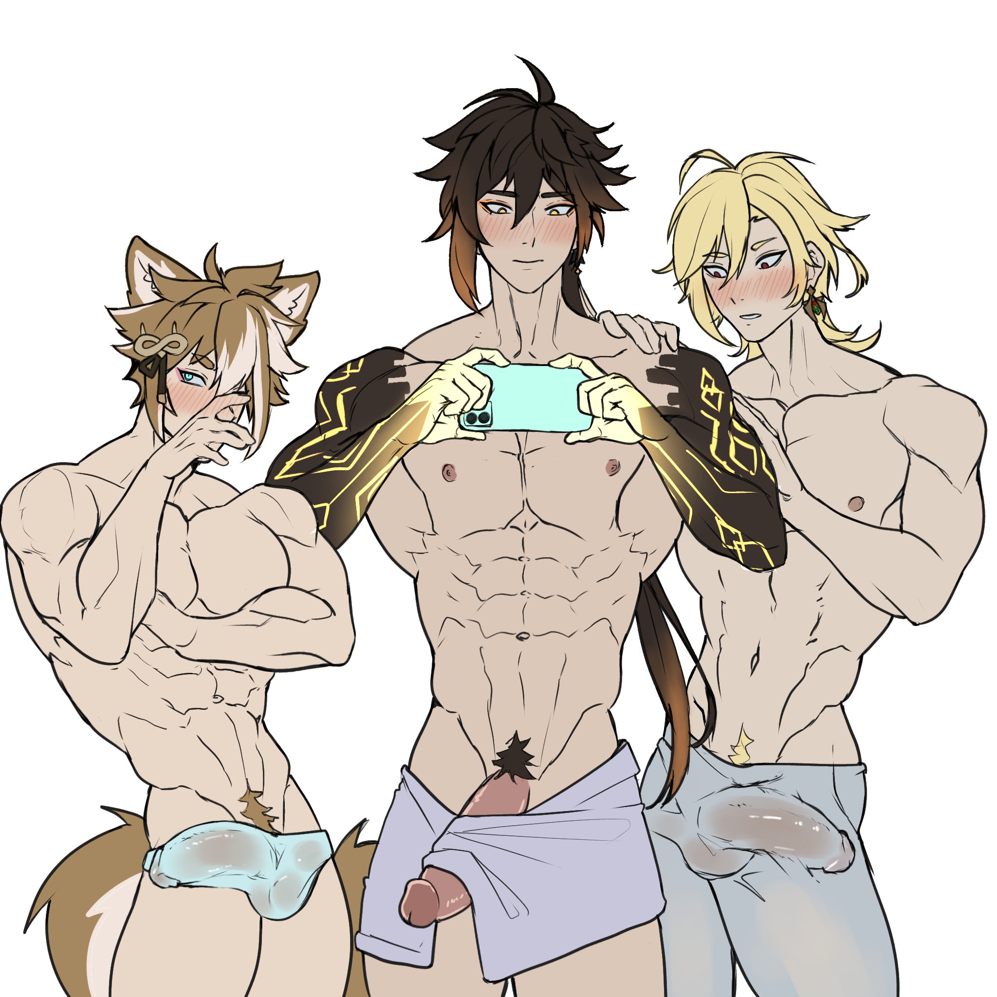 abs, big penis, blushing, bulge through clothing, gay, genshin impact, genzonillablack, gorou (genshin impact), holding phone, kaveh (genshin impact), male, male only, penis, ponytail, shy expression, tail, yaoi, zhongli (genshin impact)