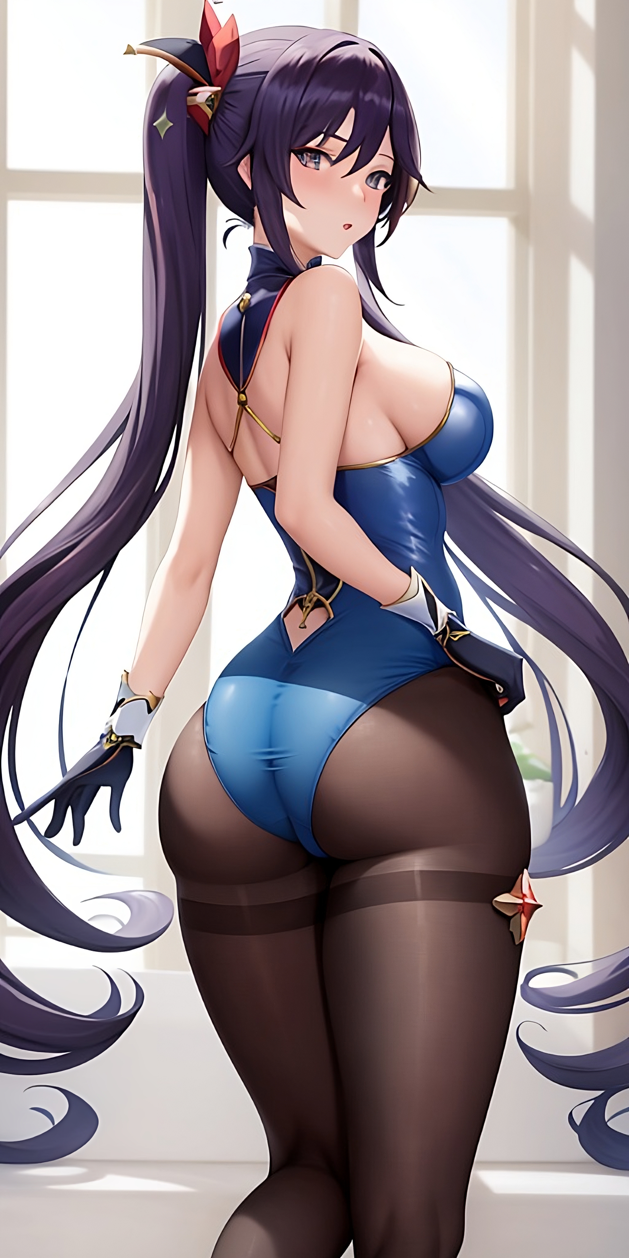 1girls, ai generated, ass, breasts, female, genshin impact, huge ass, large breasts, looking at viewer, mona (genshin impact), pantyhose, twintails
