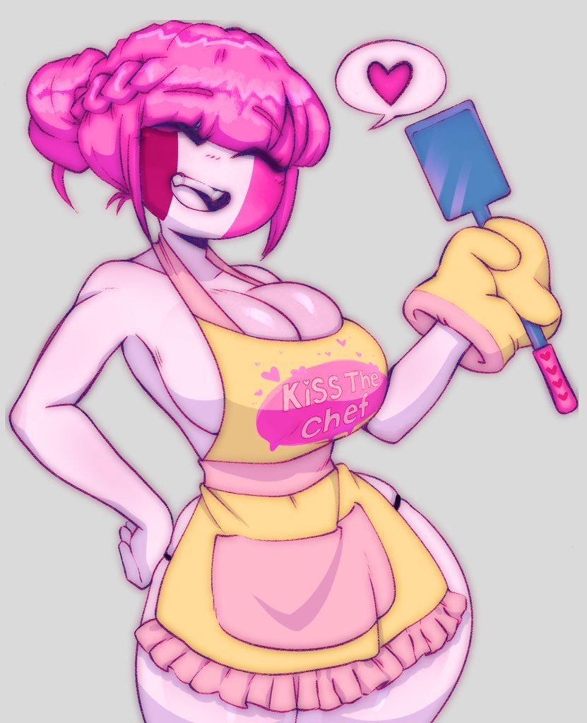 1girls 5hitzzzu apron big_breasts blush boombita breasts cleavage closed_eyes curvy cute female female_only friday_night_funkin friday_night_funkin_mod funcu funculicious heart kiss_the_cook meatcuteshii naked_apron open_smile oven_mitt pink_hair pinkbobatoo sarvente_(dokki.doodlez) skiddioop smile solo solo_female spatula stereodaddy